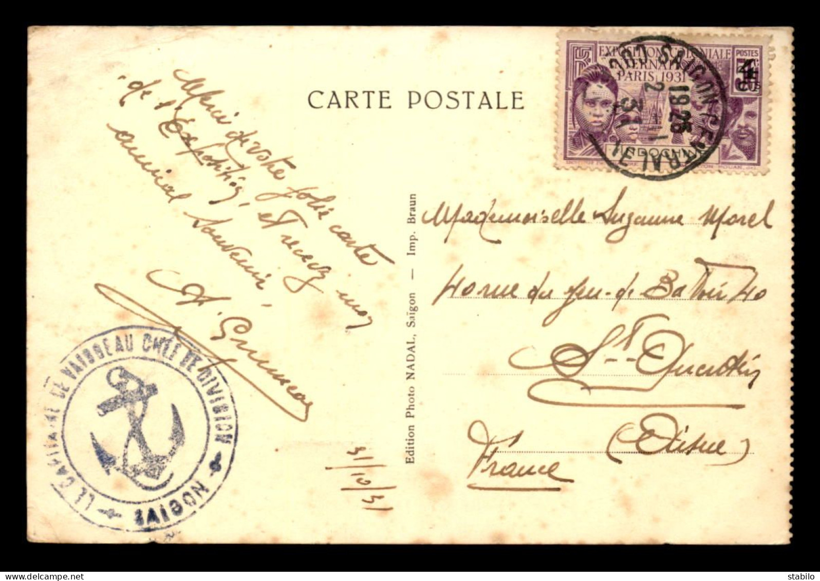 CACHET DU CAPITAINE DE VAISSEAU CHEF DE DIVISION - SAIGON (INDOCHINE) - VOYAGE LE 2.11.1931 - Militärstempel Ab 1900 (ausser Kriegszeiten)