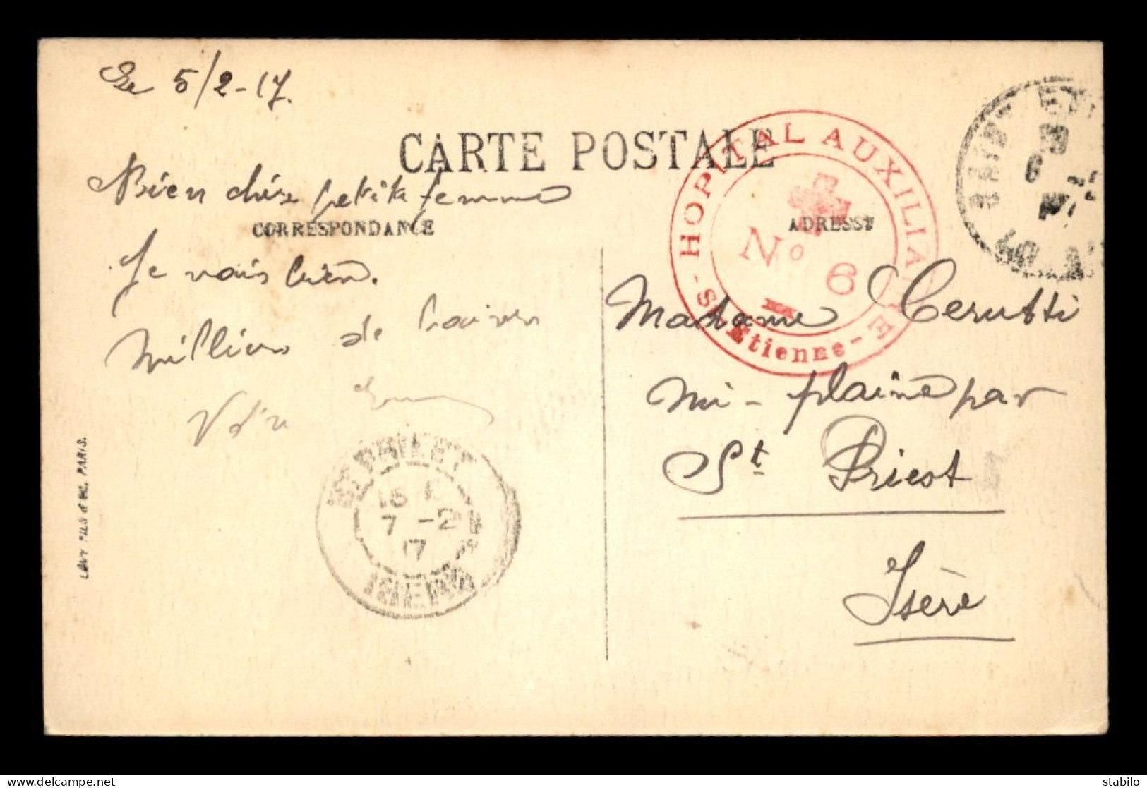 CACHET HOPITAL AUXILIAIRE N°6 - SAINT-ETIENNE (LOIRE) - Guerre De 1914-18