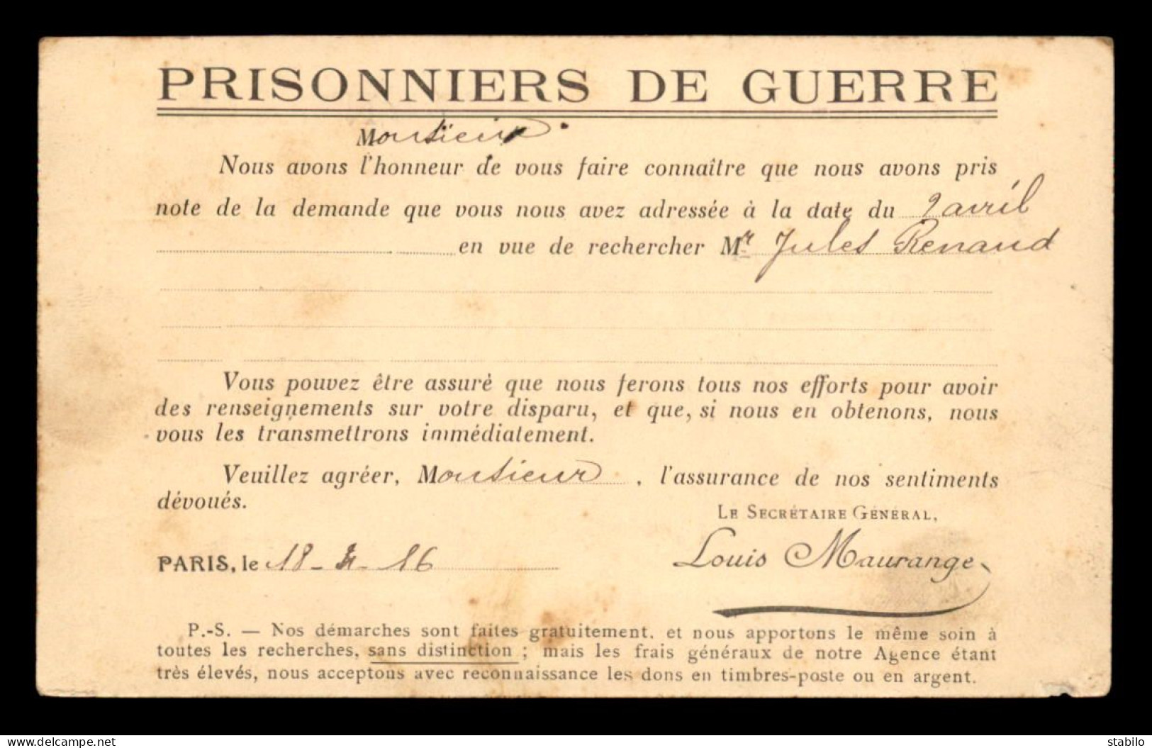 CARTE DE LA CROIX-ROUGE FRANCAISE - AGENCE DES PRISONNIERS DE GUERRE AVEC CACHET DE L'AGENCE - GUERRE 14/18 - Lettres & Documents