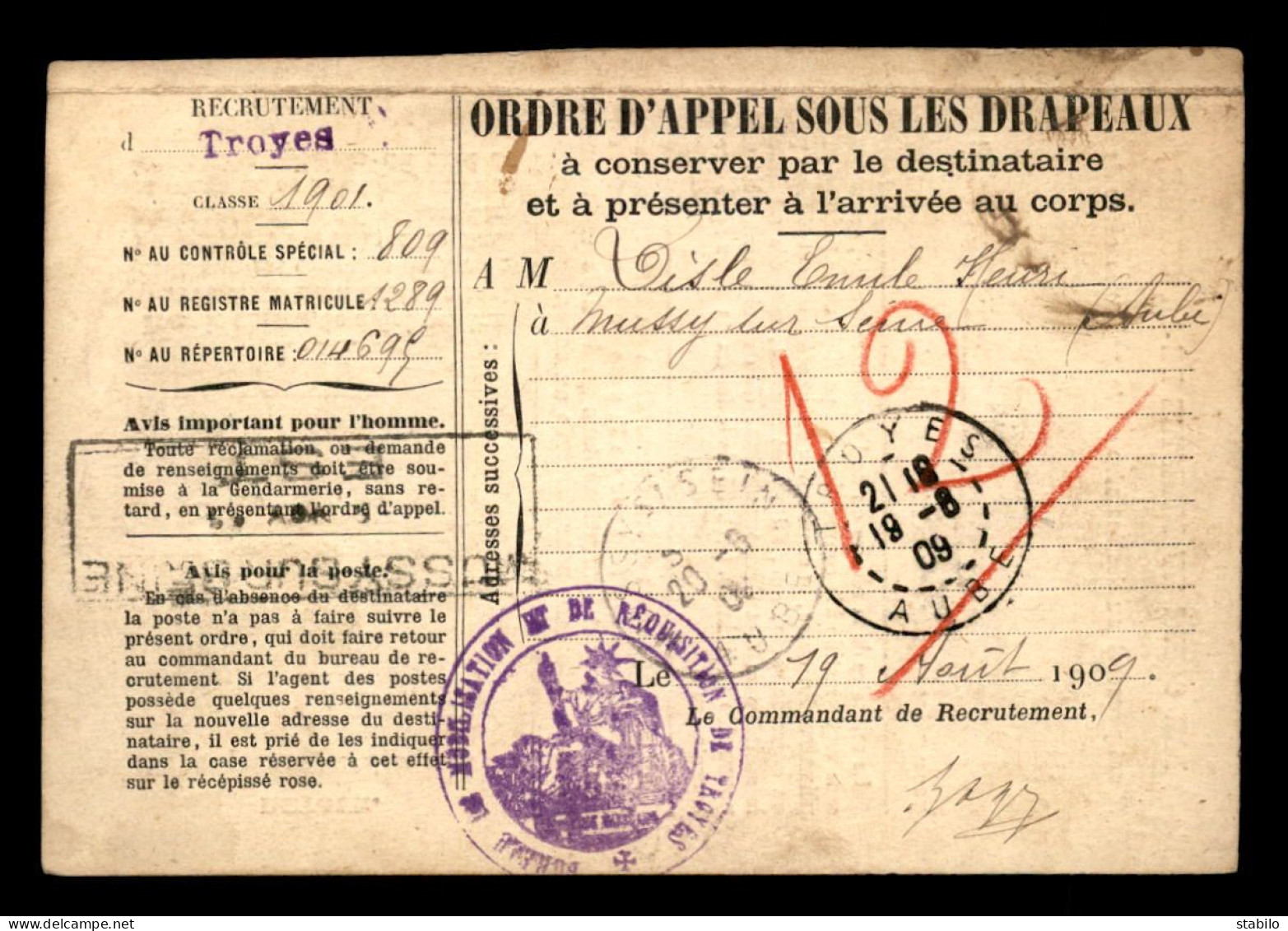 ORDRE D'APPEL SOUS LES DRAPEAUX DE 1909 - CACHET DU BUREAU DE MOBILISATION DE TROYES - CARTE EN FRANCHISE MILITAIRE  - Brieven En Documenten