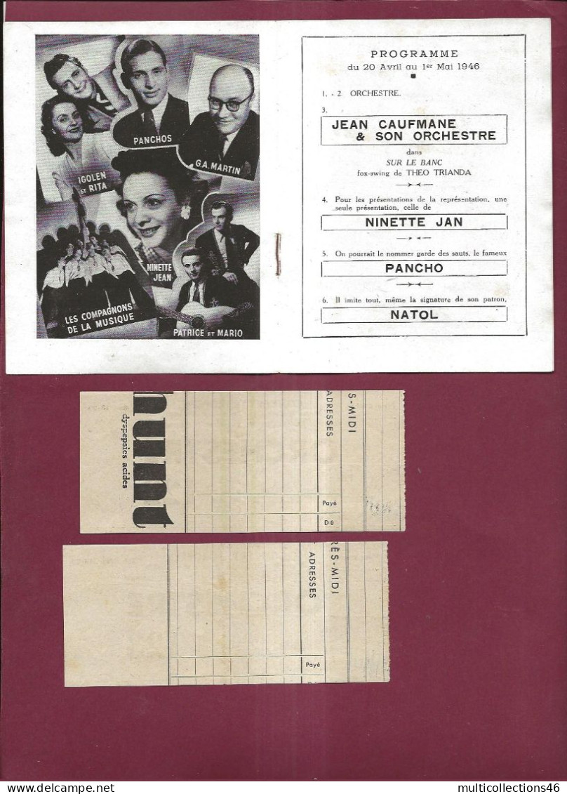 150524 - PROGRAMME THEATRE CHANSON EUROPEEN 1946 - Orchestre Caufmane + Billet Ticket Fox Swing Ninette Jean - Programs