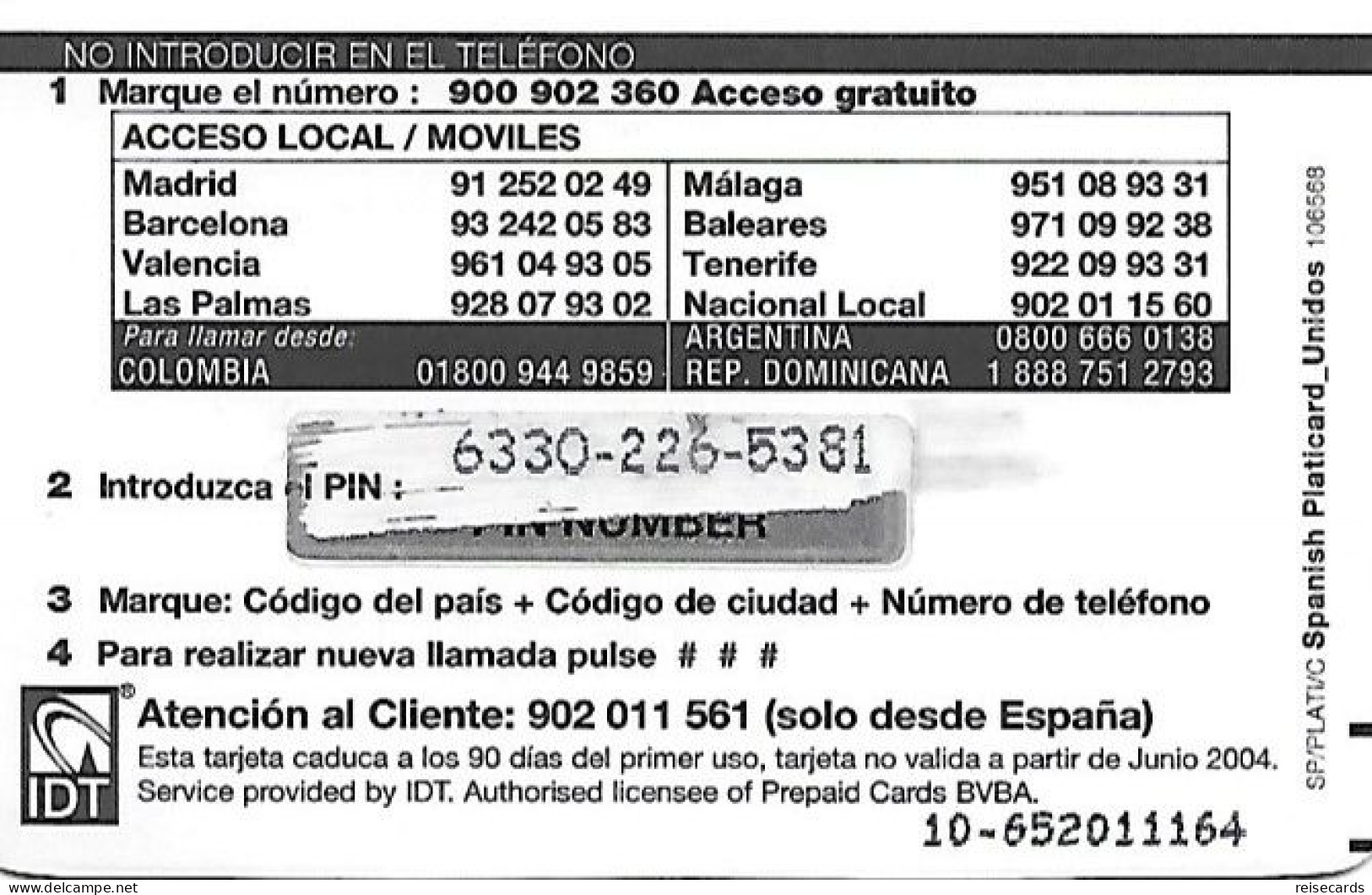 Spain: Prepaid IDT - Platicard, €10 Ptas1664 06.04 - Sonstige & Ohne Zuordnung