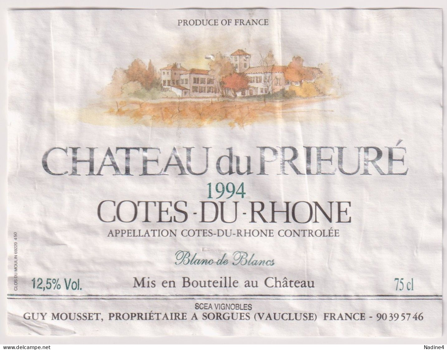 Etiket Etiquette - Vin Wijn - Chateau Du Prieuré - Cotes Du Rhone - 1994 - Côtes Du Rhône