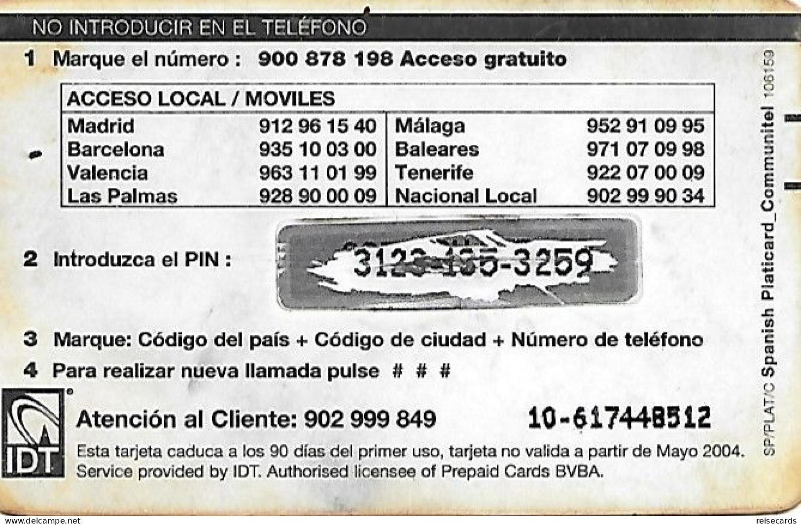 Spain: Prepaid IDT - Platicard, €10 Ptas1664 05.04 - Sonstige & Ohne Zuordnung