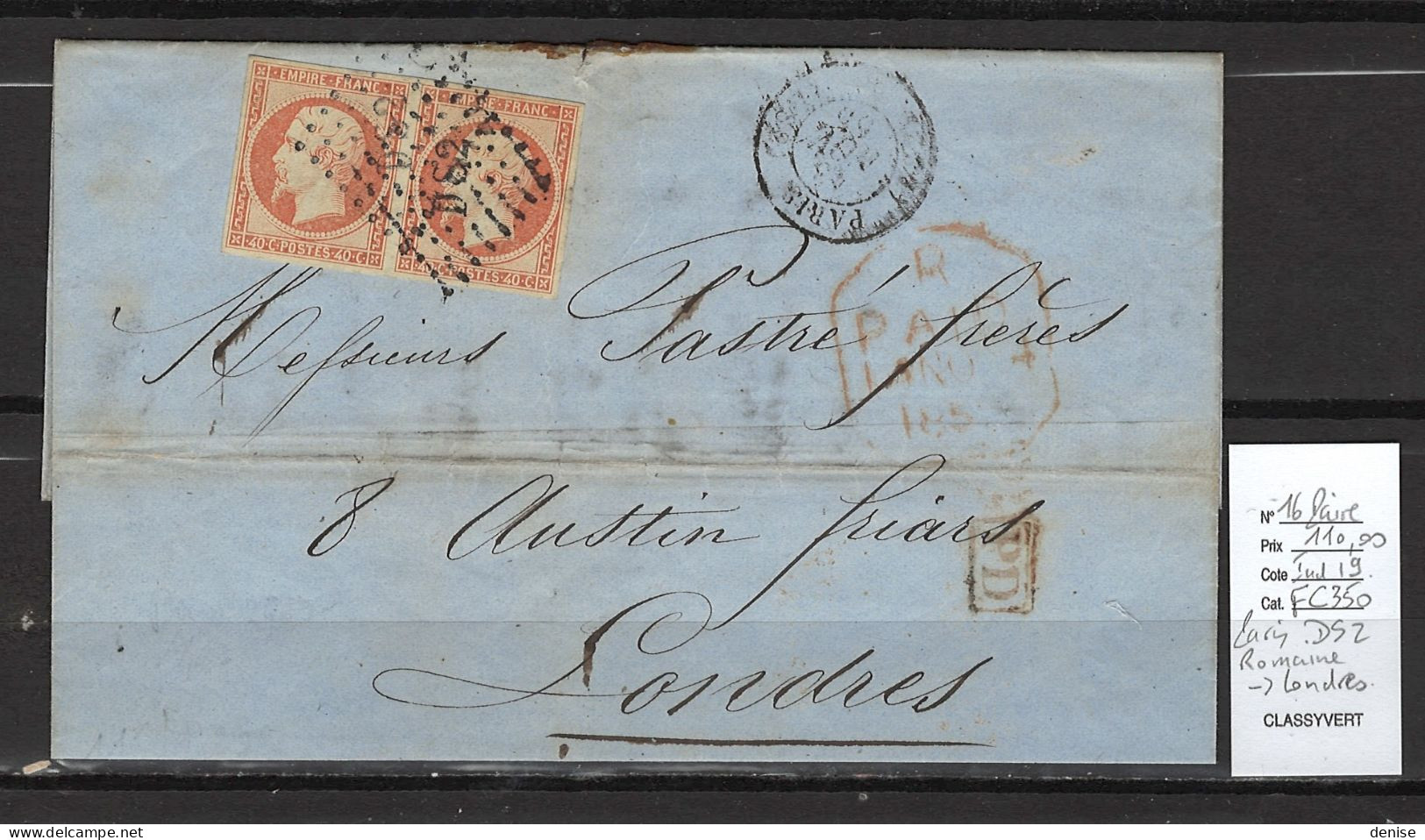 France - Lettre Paris DS2 Romaines  Pour Londres - Yvert 16 Paire - 1855 - 1849-1876: Periodo Classico