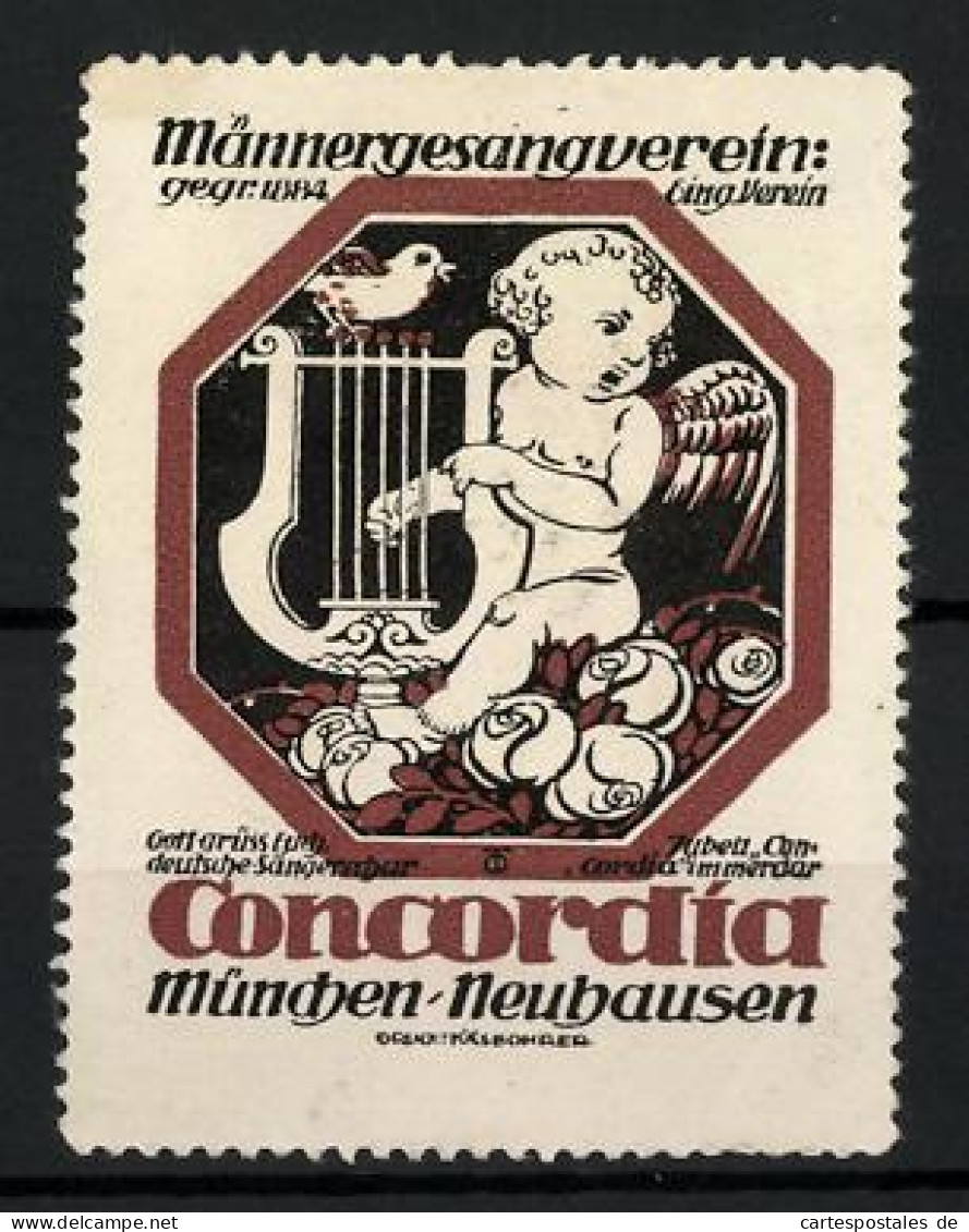 Reklamemarke München-Neuhausen, Männergesangsverein Concordia, Engel Mit Lyra Auf Einem Rosenbett  - Cinderellas