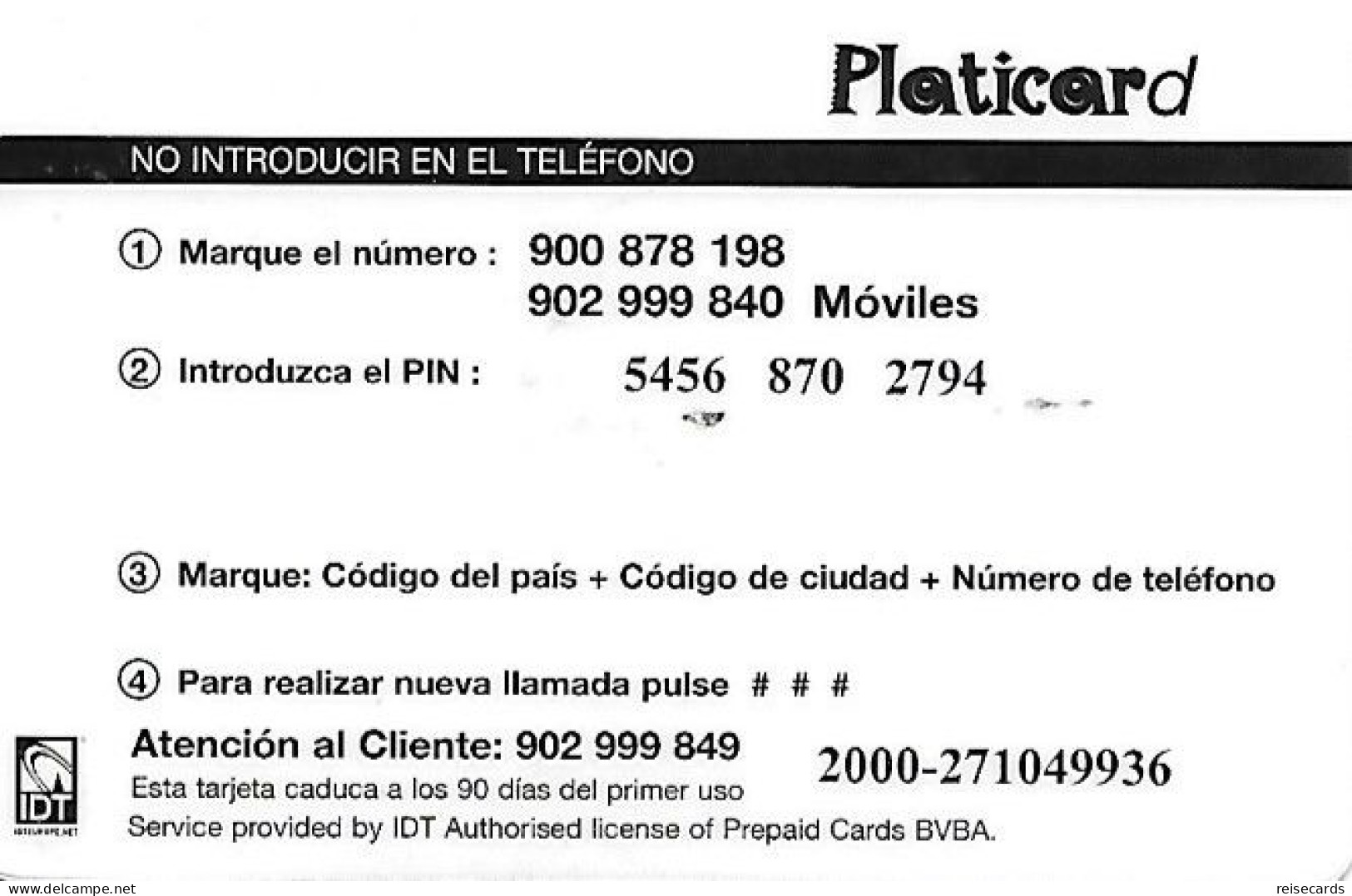 Spain: Prepaid IDT - Platicard, Ptas2000 - Autres & Non Classés