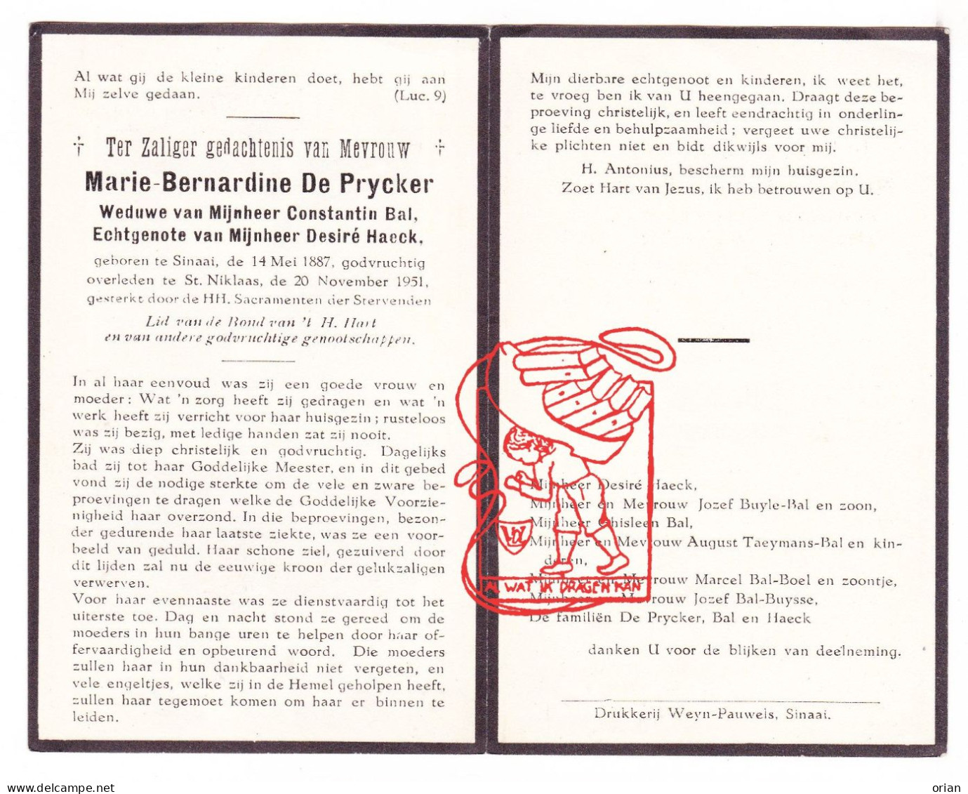 DP Marie Bernardine De Prycker ° Sinaai 1887 † Sint-Niklaas 1951 X Constantin Bal Xx Desiré Haeck // Buyle Teaymans Boel - Images Religieuses