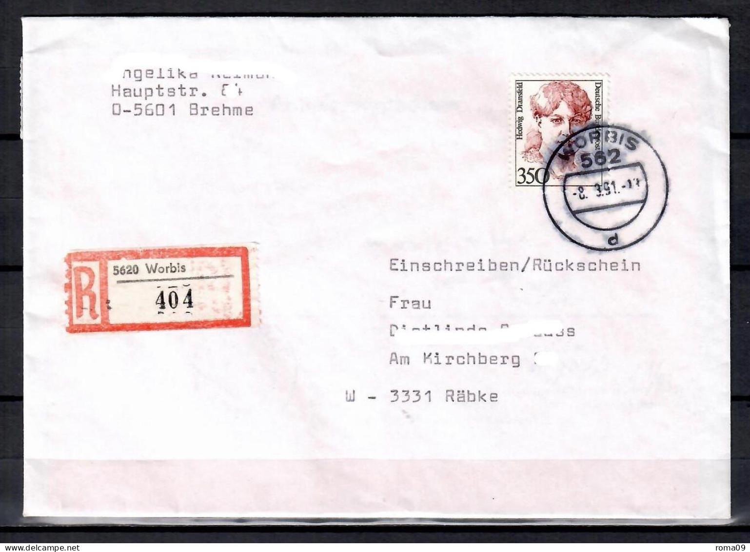 MiNr. 1393; Frauen: Hedwig Dransfeld Auf Portoger. E-Brief Mit Rückschein Von Worbis (VGO) Nach Räbke (VGW); B-2138 - Lettres & Documents