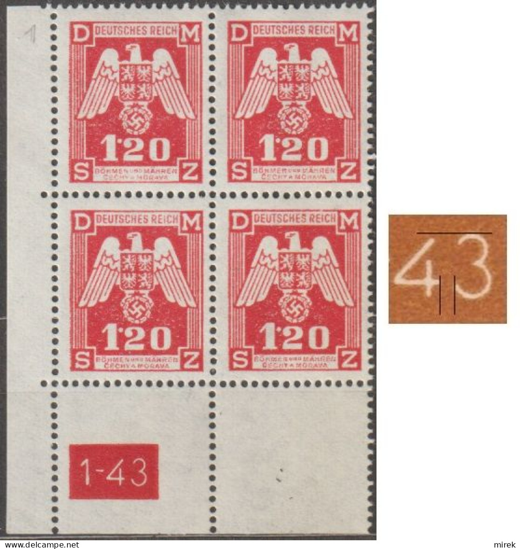 053/ Pof. SL 19, Corner Stamps, Plate Number 1-43, Type 2, Var. 1 - Ungebraucht