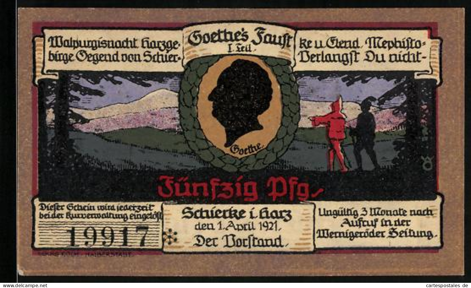 Notgeld Schierke I. Harz 1921, 50 Pfennig, Goethe, Faust Und Mephisto Blicken über Das Land, Alte Kirche  - [11] Emissions Locales