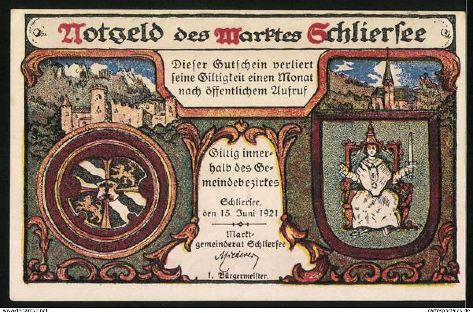 Notgeld Schliersee 1921, 10 Pfennig, Bergziege Vor Dem Ort, Wappen, Burg, Kirche  - [11] Local Banknote Issues