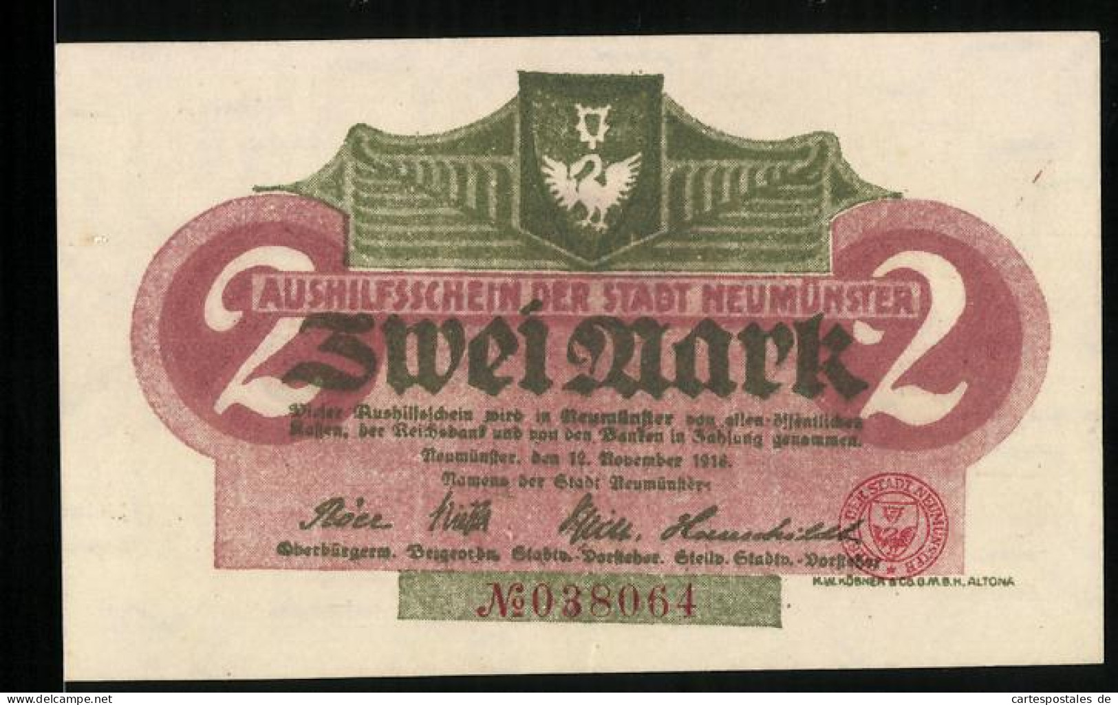 Notgeld Neumünster 1918, 2 Mark, Kontroll-Nr. 038064  - [11] Local Banknote Issues