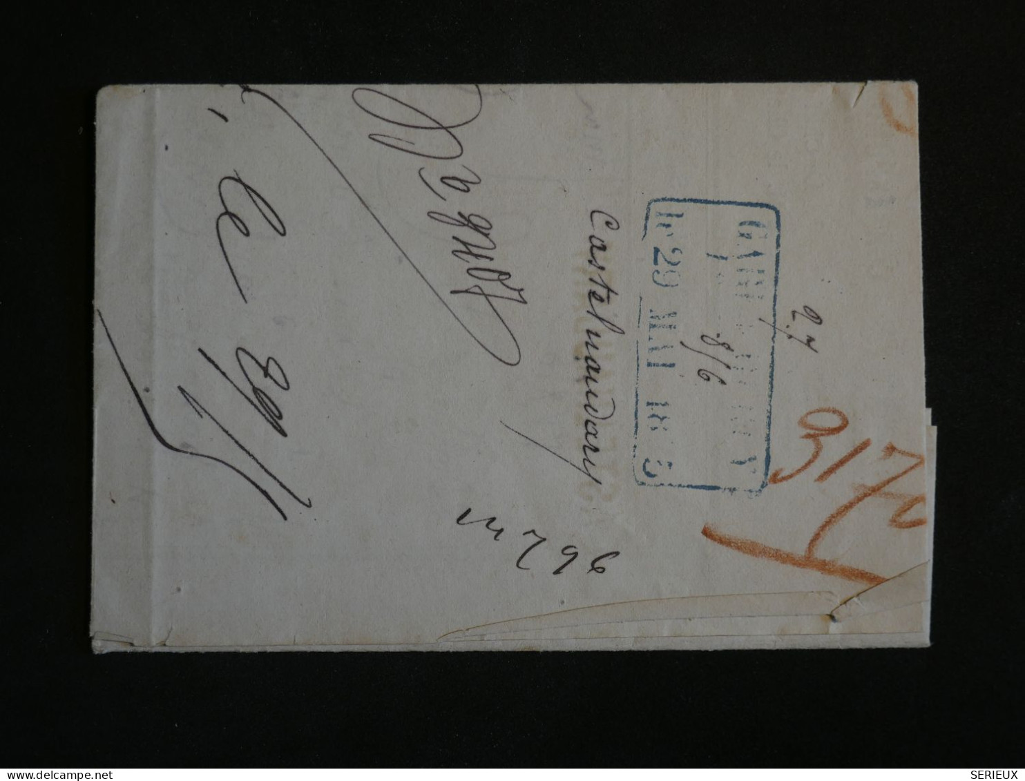 DO18  FRANCE LETTRE RARE GRIFFE BLEUE DE GARE  1875  CASTELNAUDARY  A PARIS +AFF. INTERESSANT++ - Poste Ferroviaire