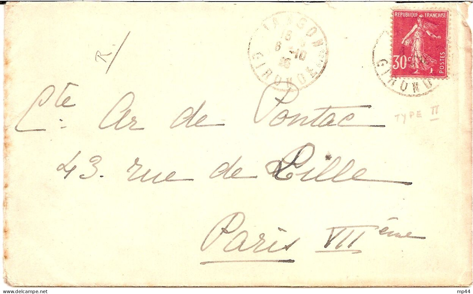 19I9 --- SEMEUSE 30c Rose Langon Gironde - 1877-1920: Période Semi Moderne