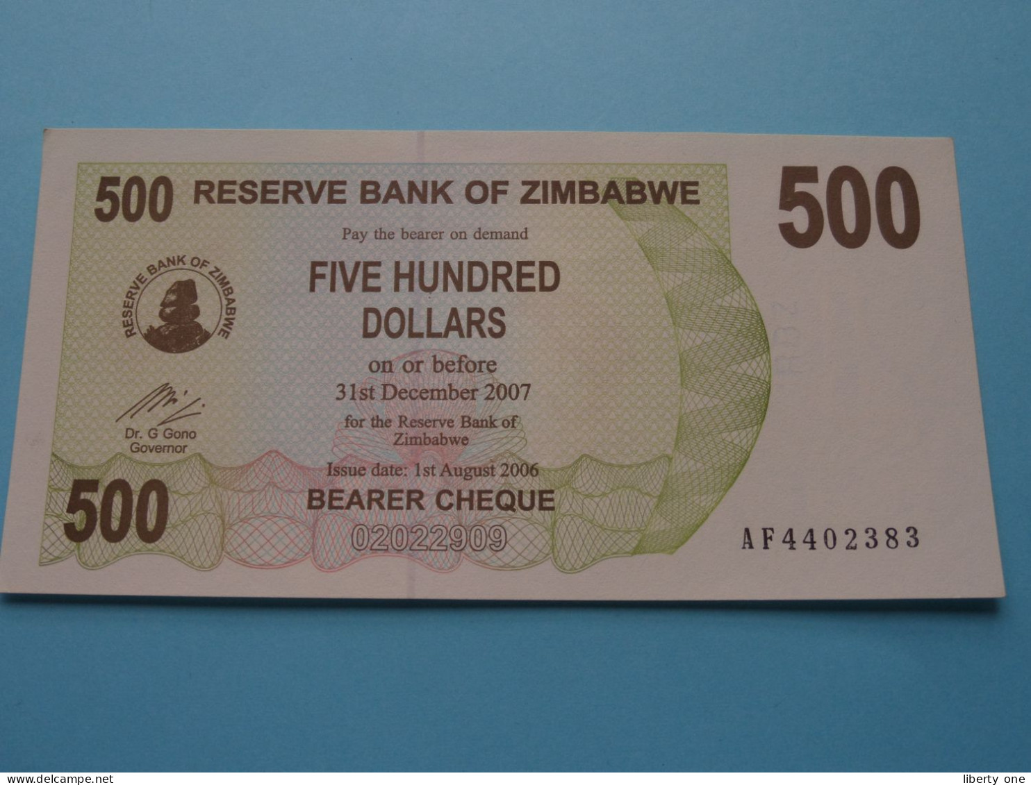 500 - Five Hundred Dollars / Bearer Cheque - 2006 ( For Grade, Please See Photo ) UNC > ZIMBABWE ! - Zimbabwe