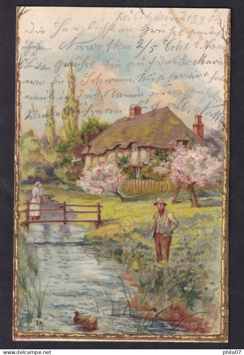 Riverside Landscape / Long Line Postcard Circulated, 2 Scans - Peintures & Tableaux
