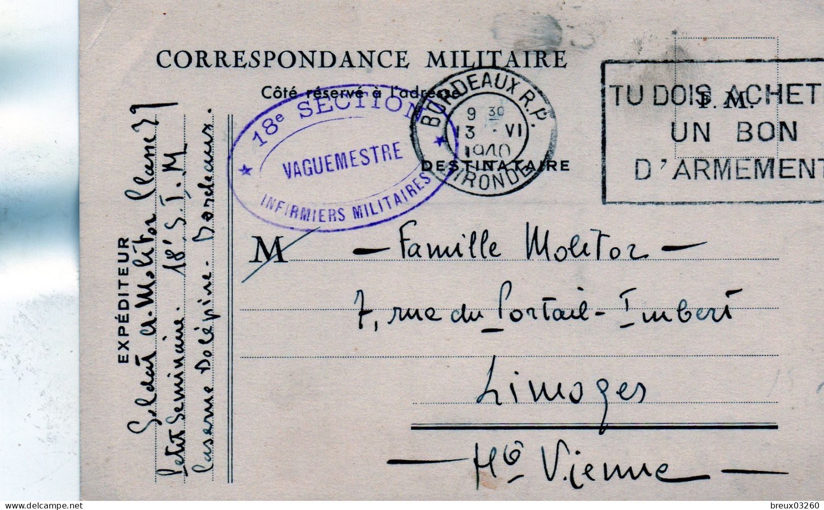 L- Correspondance  Militaire- Cachet  " Infirmiers Militaires "- - Guerre De 1939-45