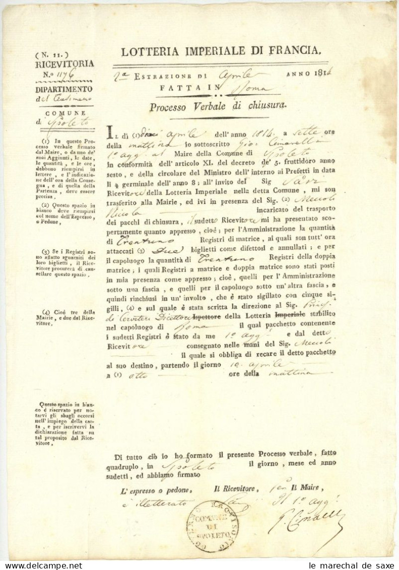 Roma Rome 1814 Lotteria Imperiale Di Francia Lotterie Imperiale De France Spoleto - Historical Documents