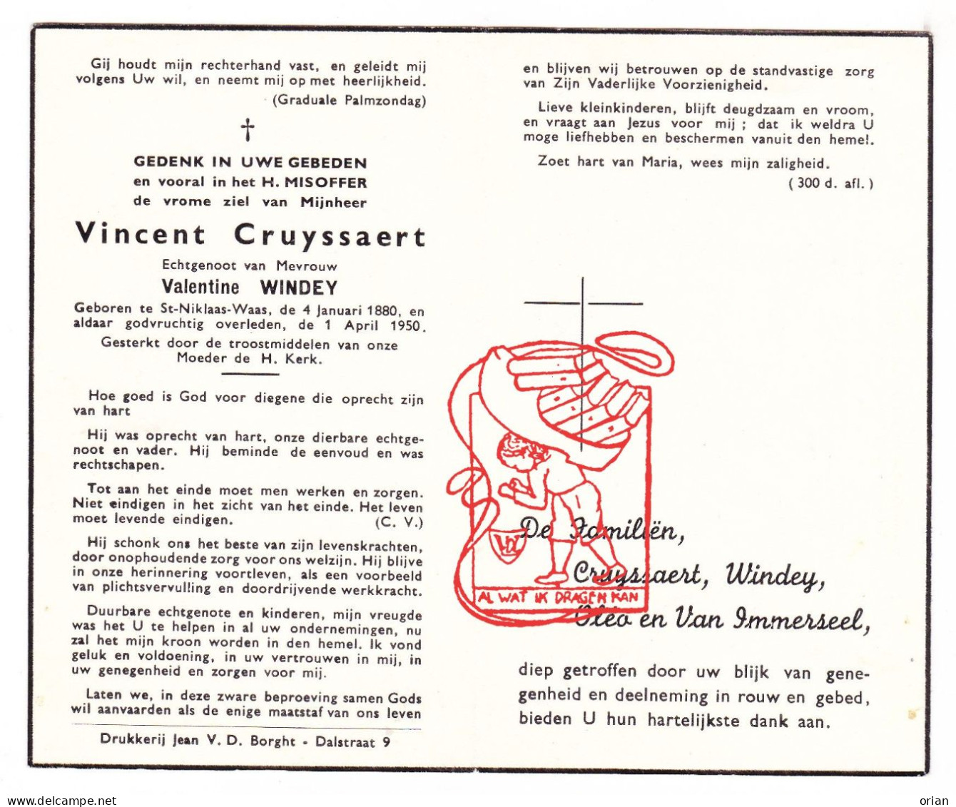 DP Vincent Cruyssaert ° Sint-Niklaas 1880 † 1950 X Valentine Windey // Oléo Van Immerseel - Images Religieuses