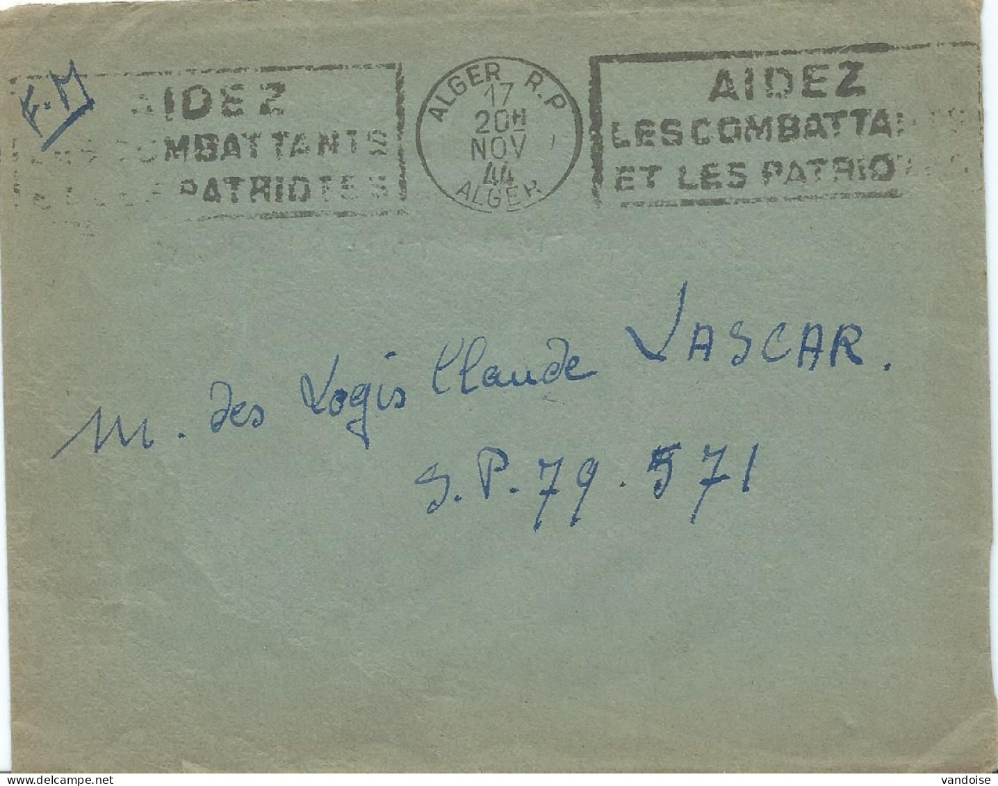 LETTRE 1944 AVEC OBLITERATION MECANIQUE ALGER AIDEZ LES COMBATTANTS ET LES PATRIOTES - Lettres & Documents