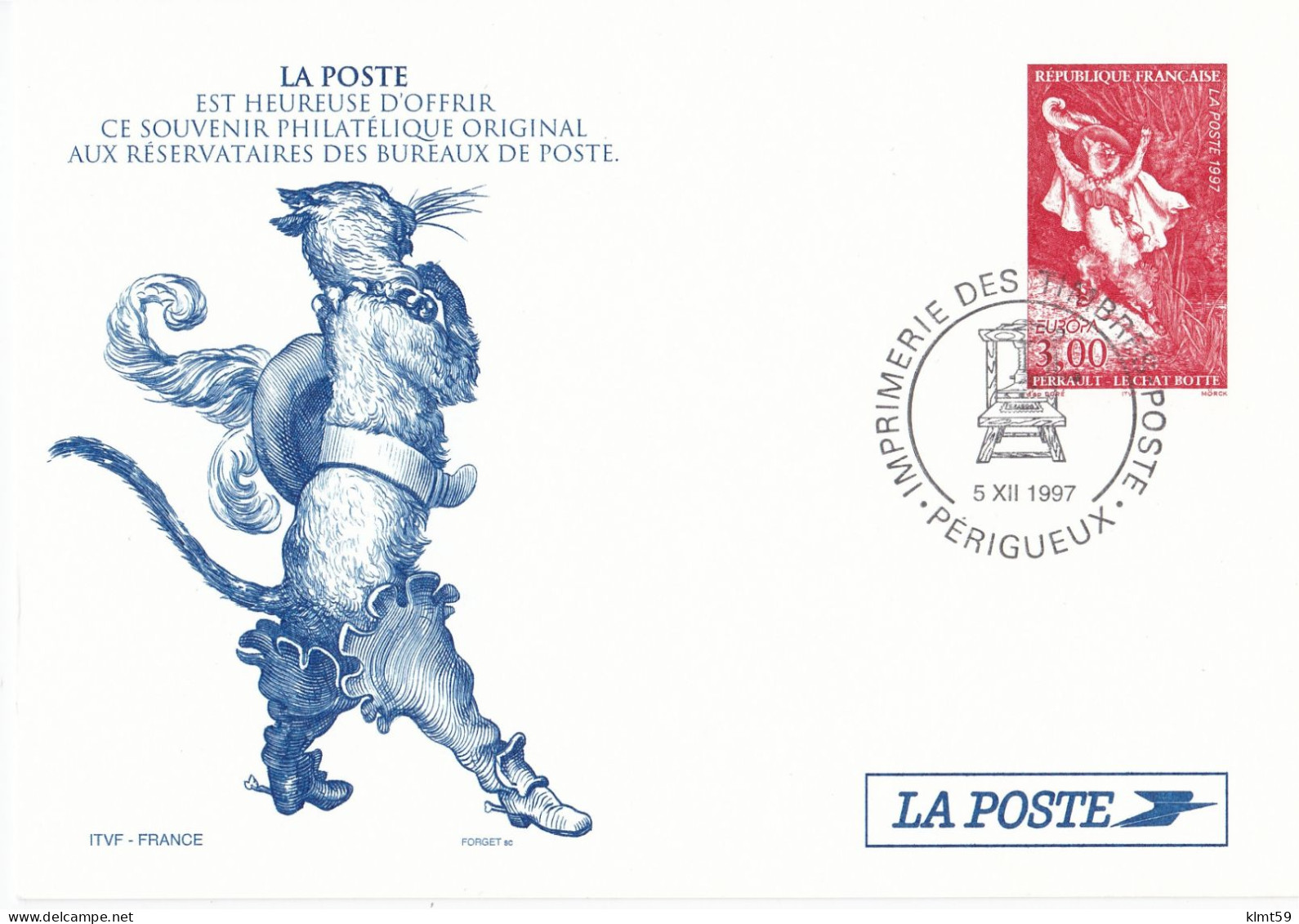 Carte Souvenir Philatélique Du Timbre Perrault Le Chat Botté La Poste 1997 - Documenten Van De Post