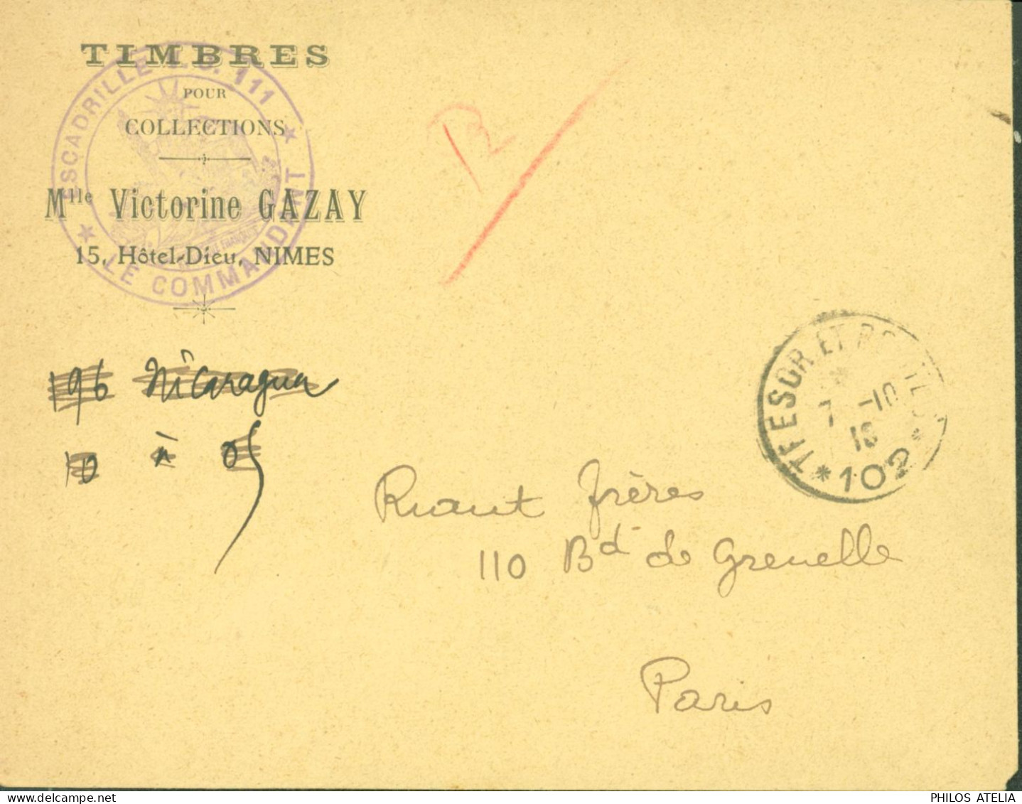 Guerre 14 Escadrille N°111 CAD Trésor Et Postes SP 102 7 10 16 Enveloppe Timbres Pour Collections Gazay Nîmes - WW I