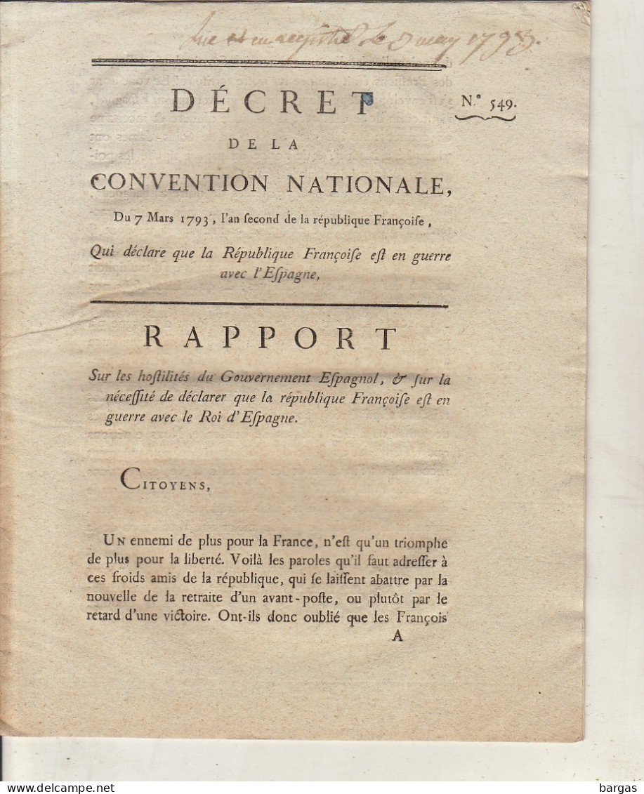 DECRET DE LA CONVENTION NATIONALE : En Guerre Avec L'espagne Hostilités Espagnoles Guerre - Décrets & Lois