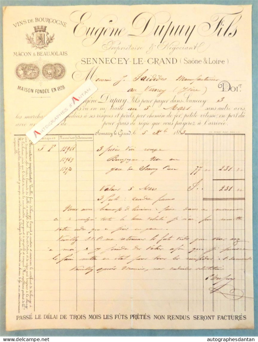 ● Eugène DUPUY Fils Sennecey Le Grand Facture 1883 - Vins De Bourgogne Mâcon Beaujolais - Verney Isère - Saône Et Loire - 1800 – 1899