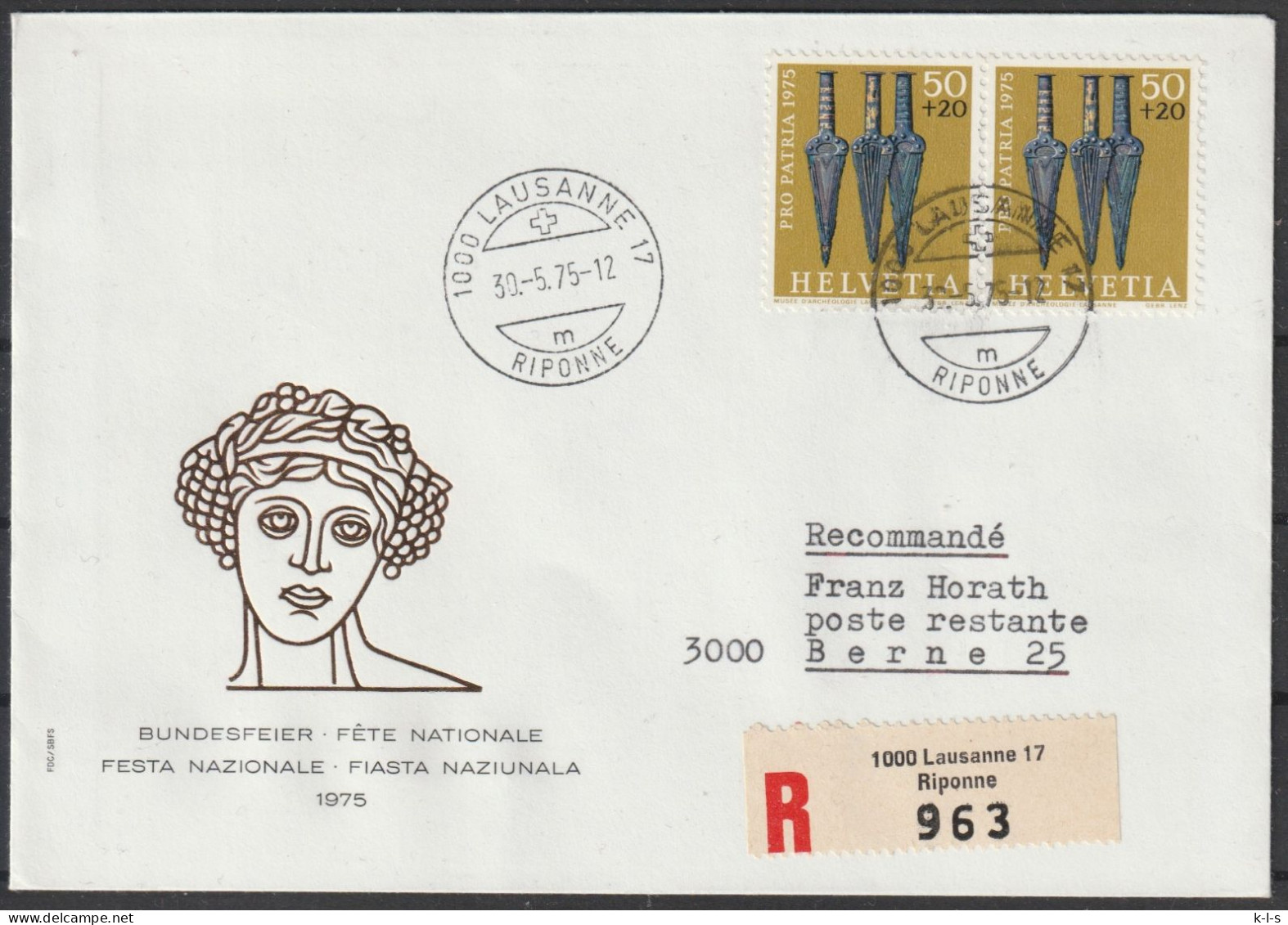 Schweiz: 1975, FDC R- Fernbrief In MeF, Mi. Nr. 1055, Archäologische Funde, 50+20 C. Vollgriffdolche.  EStpl. MURALTO - Cartas & Documentos