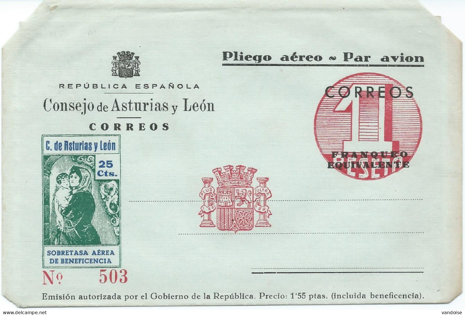 PLIEGO AERO CONSEJO DE ASTURIAS Y LEON SOBRETASA AEREA DE BENEFICENCIA - Asturias & Leon