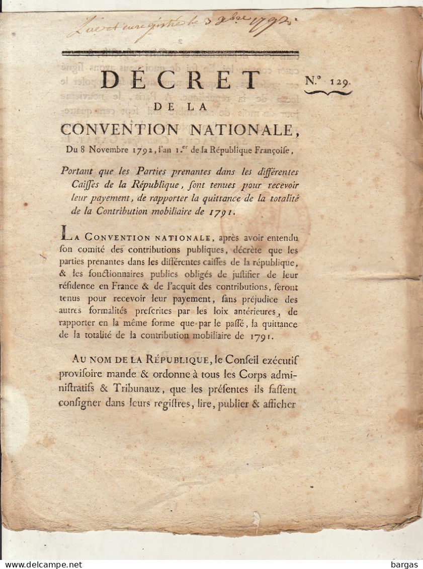 DECRET DE LA CONVENTION NATIONALE : Caisses De La République Contribution Mobiliaire - Wetten & Decreten