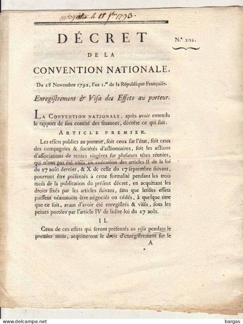 DECRET DE LA CONVENTION NATIONALE : Enregistrement  Visa Des Effets Au Porteur - Décrets & Lois