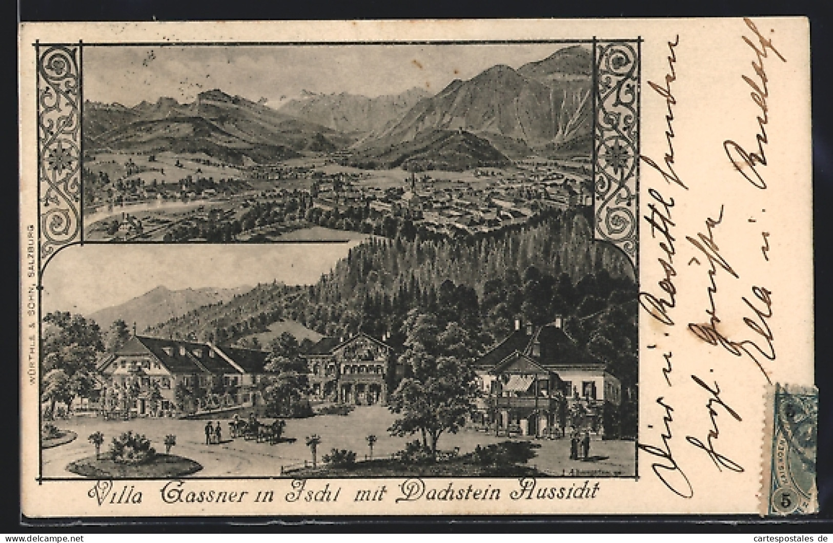 Künstler-AK Ischl, Villa Gassner Mit Dachstein-Aussicht, Ortsansicht Aus Der Vogelschau  - Other & Unclassified