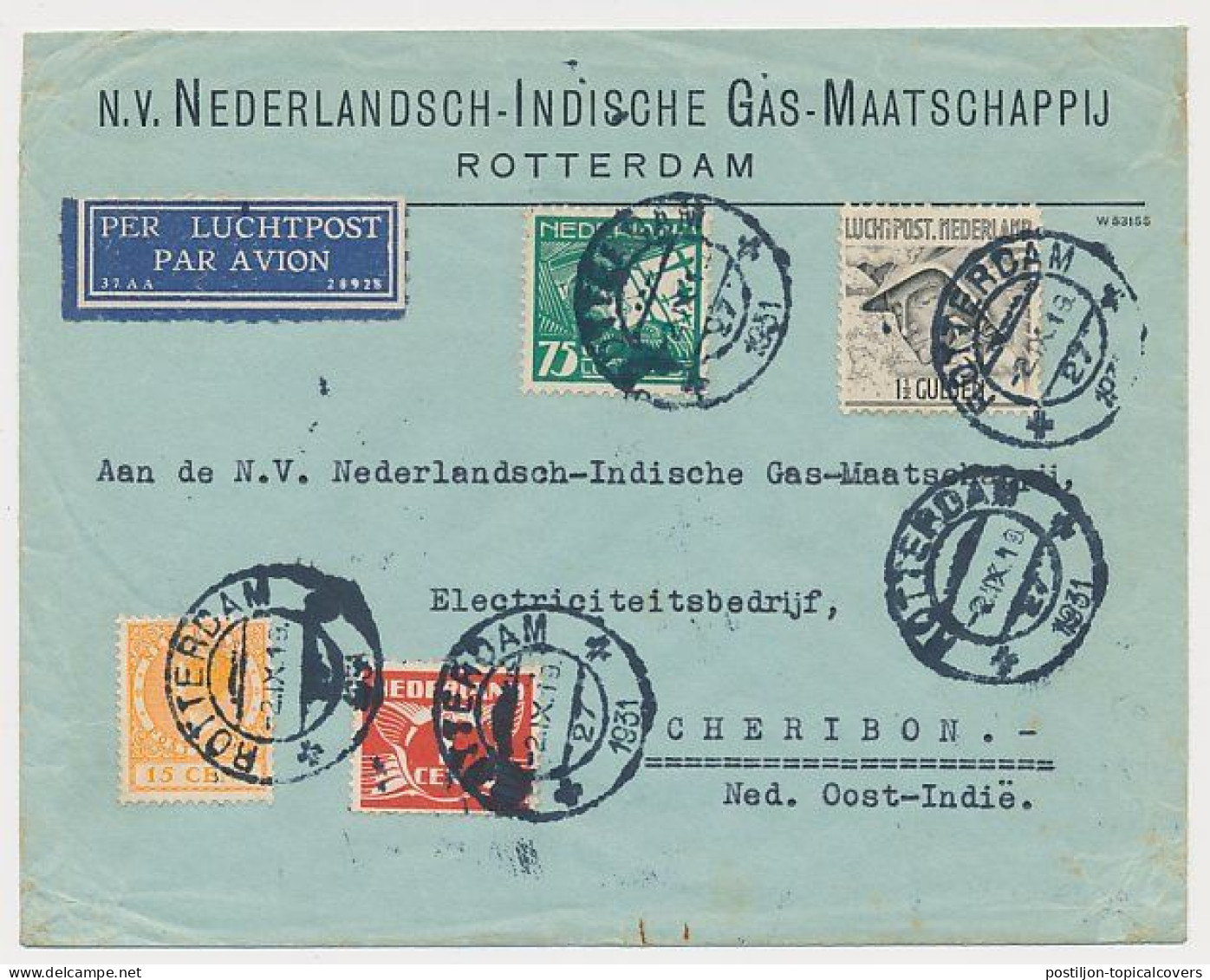 Em. Luchtpost Mercurius Rotterdam - Cheribon Nederlands Indie 1931 - Brieven En Documenten