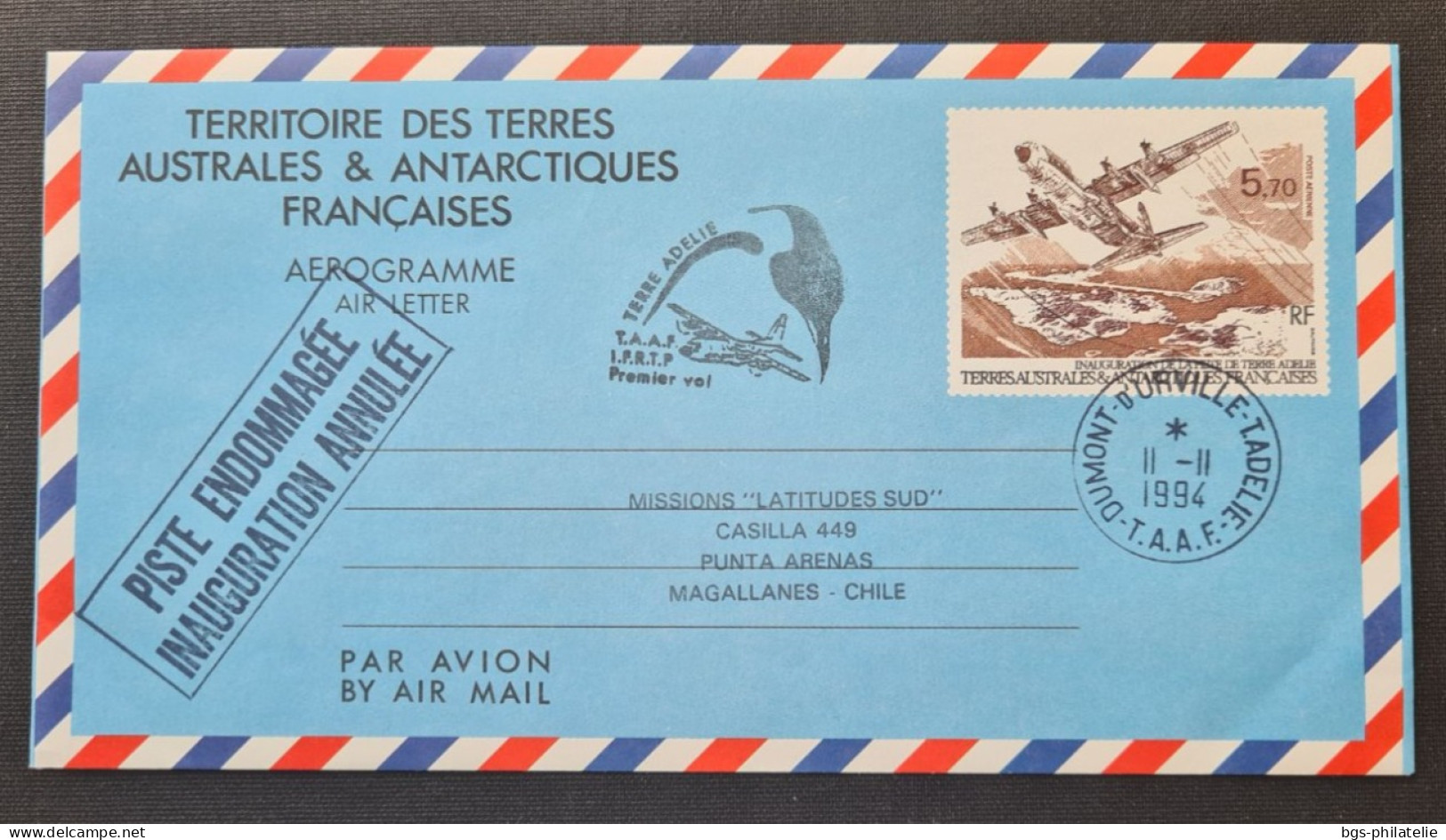 TAAF,  Aérogramme N°1 Oblitéré De Terre Adélie Le 11/11/1994. - Lettres & Documents
