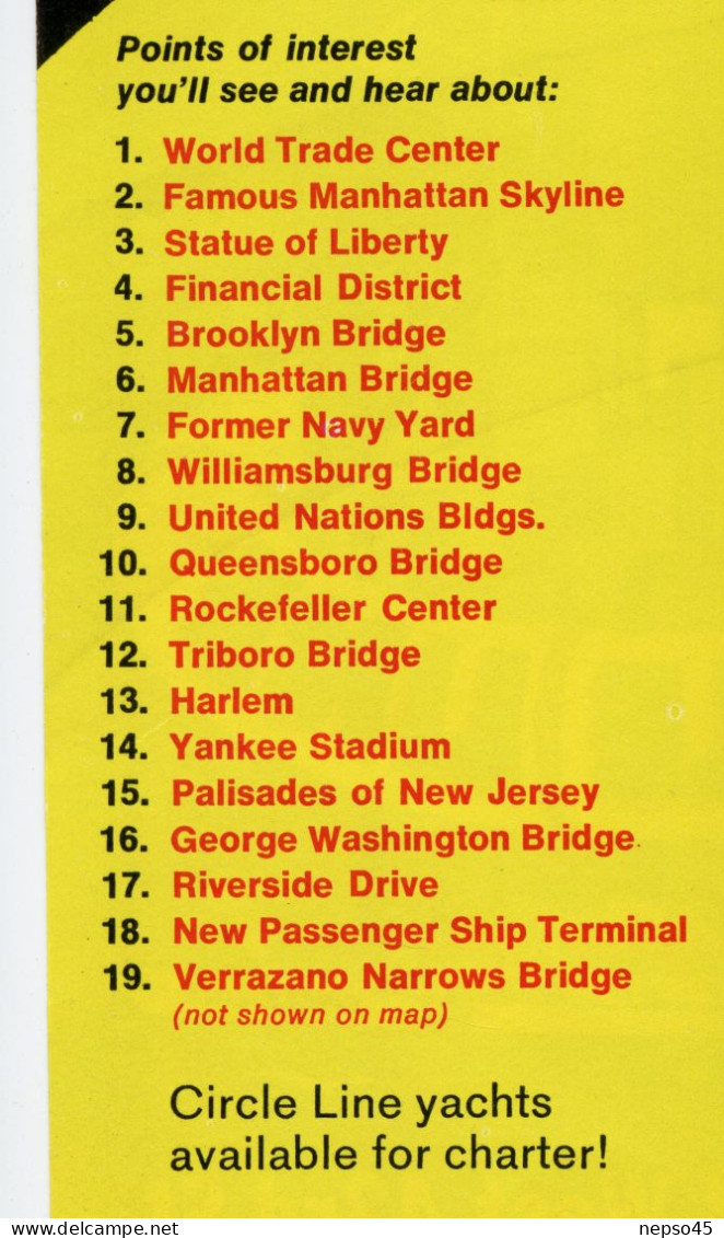 Dépliant touristique.Amérique.Circle New York by Boat.East River.Hudson River.Circuit en bateau autour de New York.