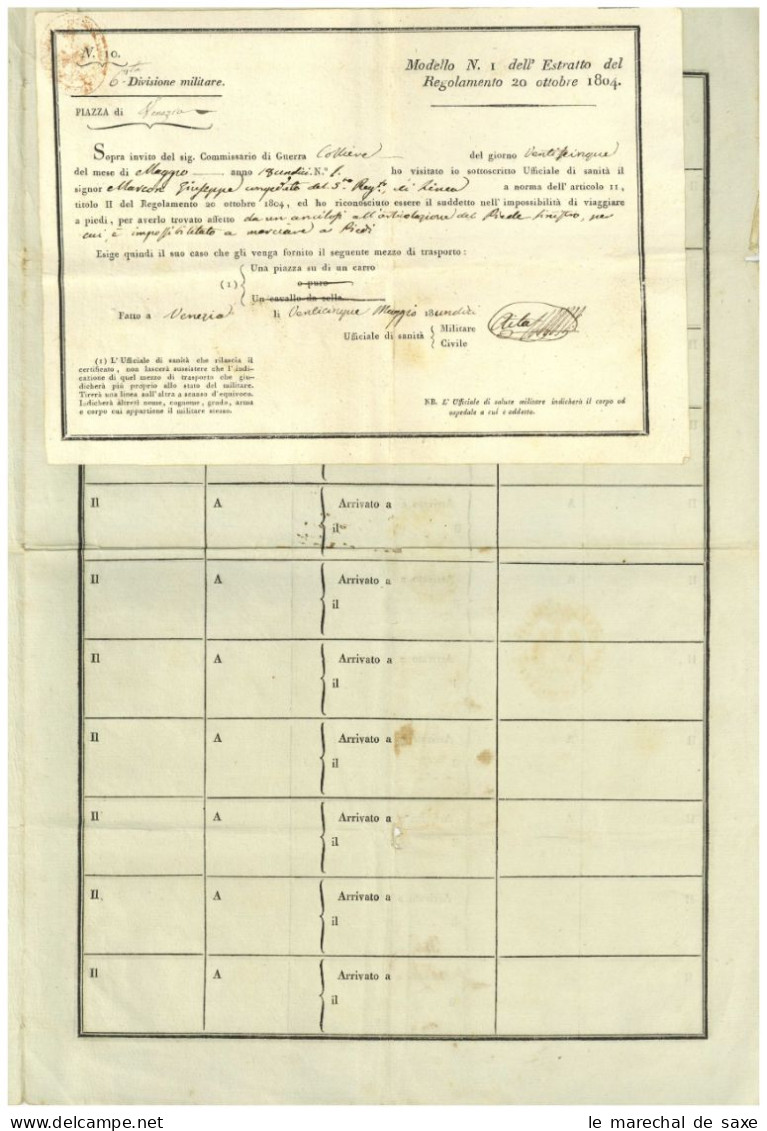 5 Reggimento Di Linea Italiano Venezia Venedig 1811 Foglio Di Via Feuille De Route Mestre Treviso Udine Conegliano Etc - Historical Documents