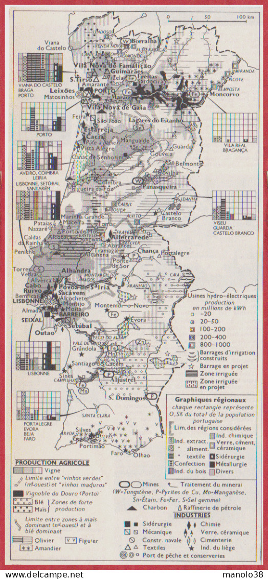 Portugal. Carte économique. Production Agricole, Usines Hydroélectriques, Industries, Population ... Larousse 1960. - Historische Documenten