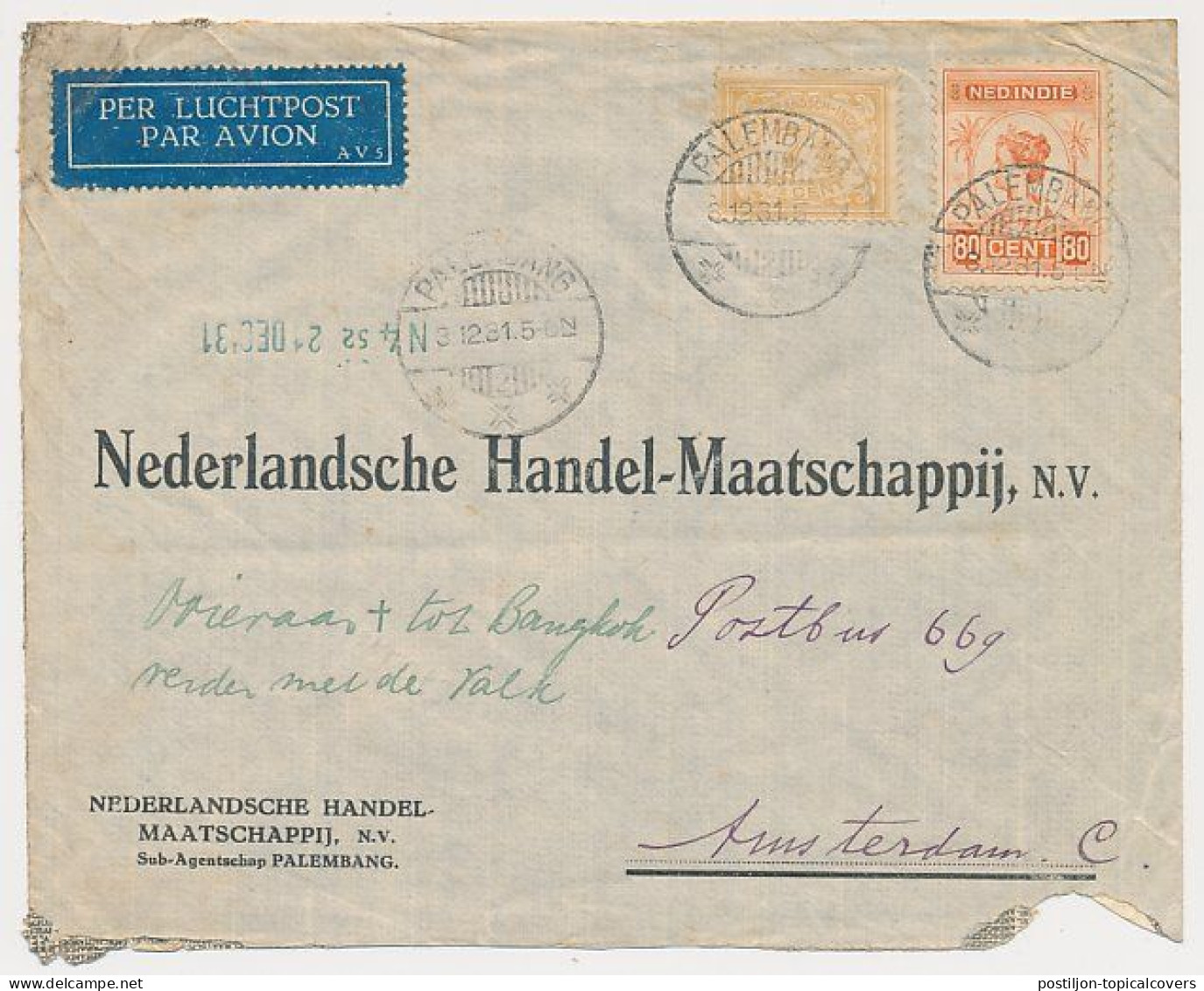 Dutch Crash Mail Ooievaar  - Palembang Netherlands Indies - Bangkok Siam Thailand Amsterdam 1931 - Nierinck 311206 - India Holandeses