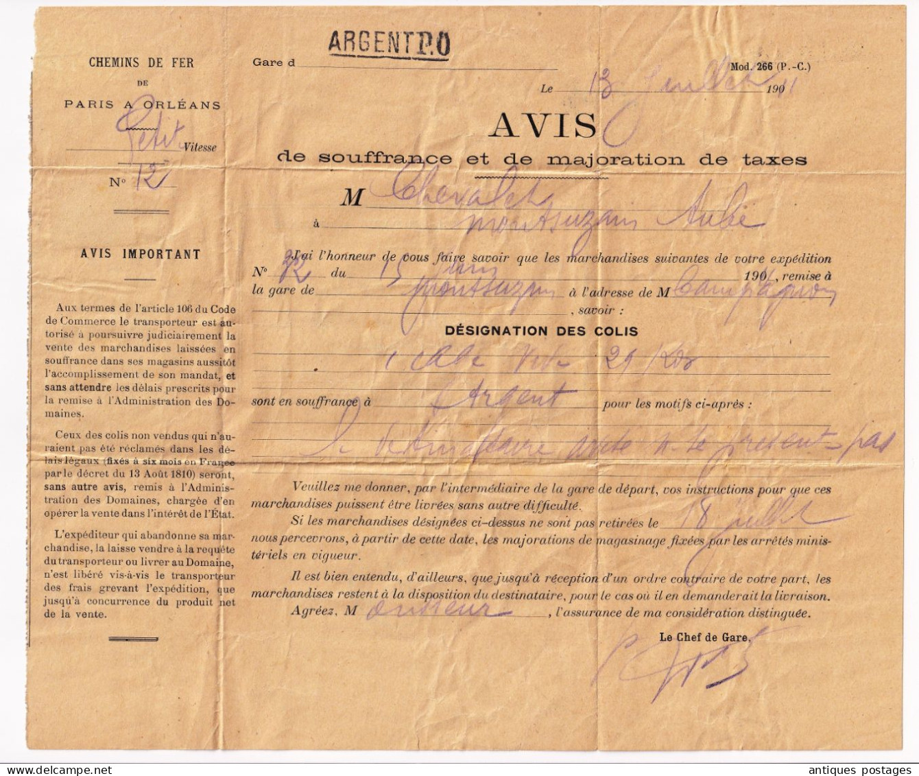 Lettre 1911 Chemin De Fer De Paris à Orléans Les Grandes Chapelles Montsuzian Aube Cachet Convoyeur Argent Gien - Covers & Documents