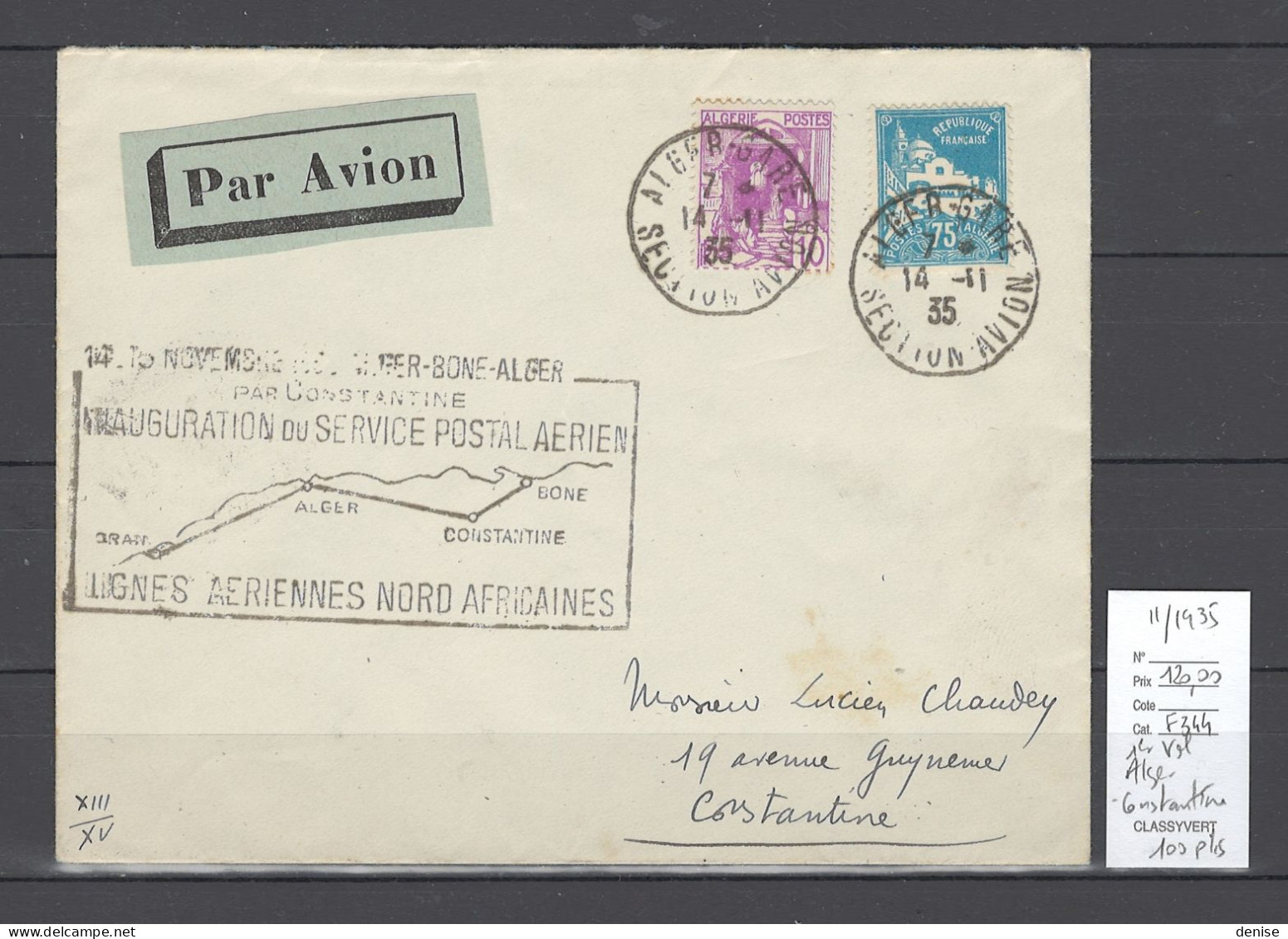 Algérie - 1er Vol Alger - Constantine - 14/11/1935 - - Poste Aérienne