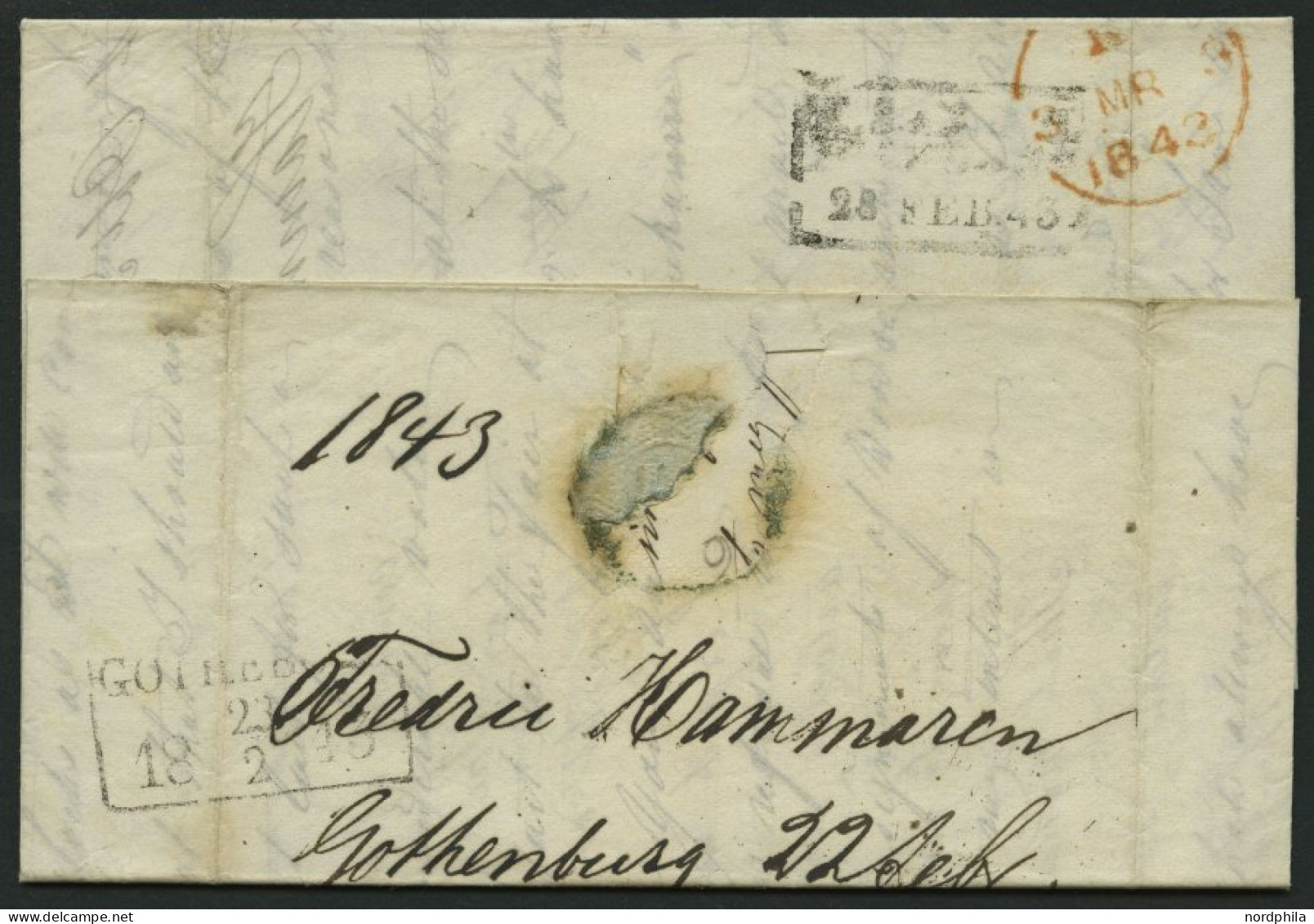 HAMBURG 1843, T 28. FEB, Rote Sonderform Auf Brief Von Göteburg (rückseitiger R3) über Hamburg Nach London, Registraturb - Prephilately