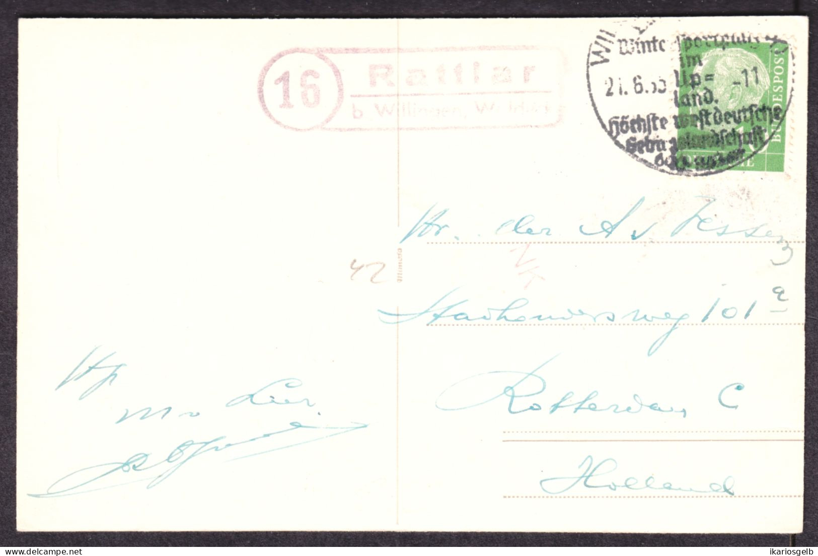 RATTLAR über WILLINGEN Waldeck 1955 LANDPOSTSTEMPEL Blau 10Pf-Heuß I 5-Worte-DrS-Tarif A.AK ITTERBACHTHAL > NL-Rotterdam - Brieven En Documenten