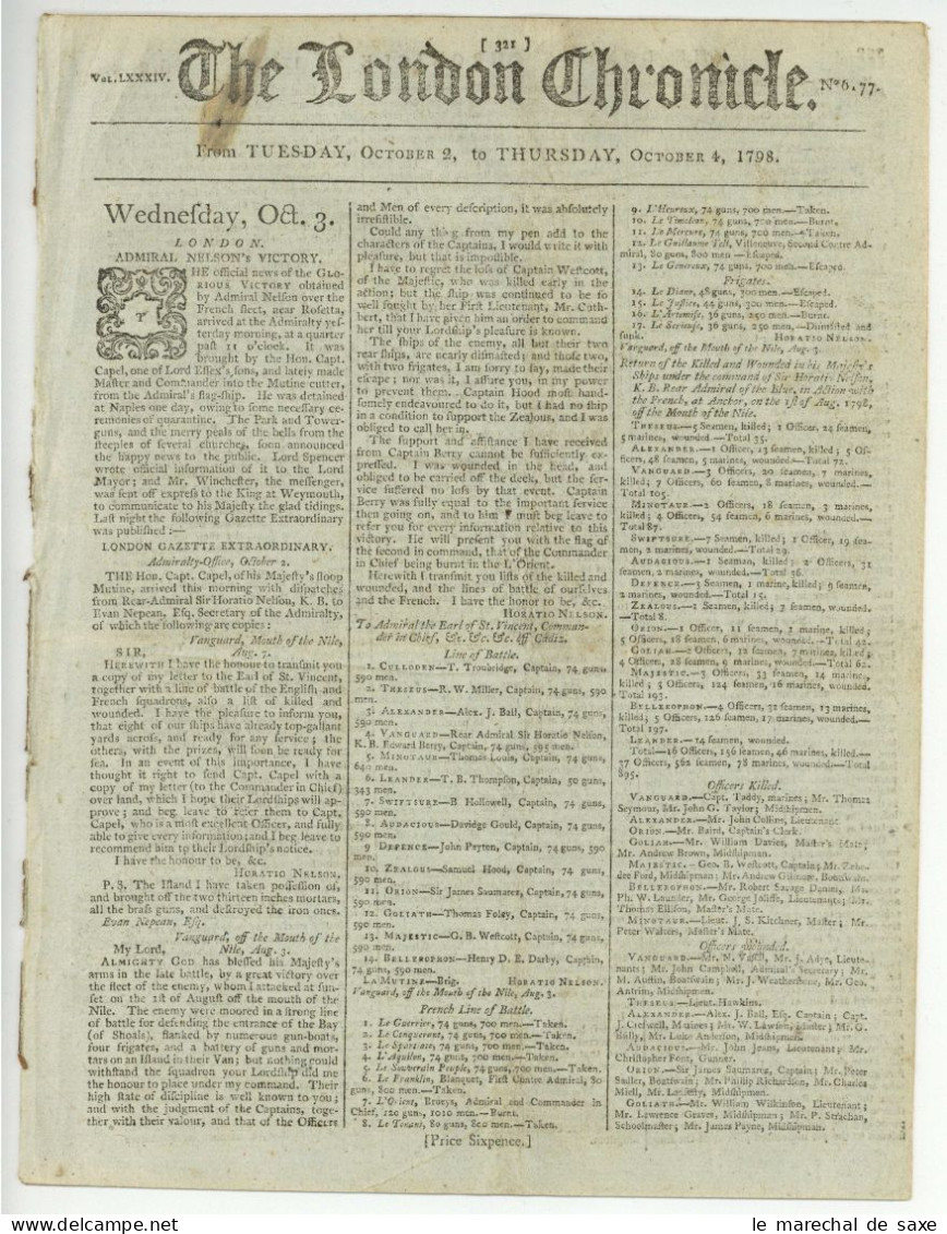 London Chronicle 1798 Battle Of The Nile Nelson Abukir & Battle Of Killala Irish Rebellion United Irishmen 8 Pp - Histoire