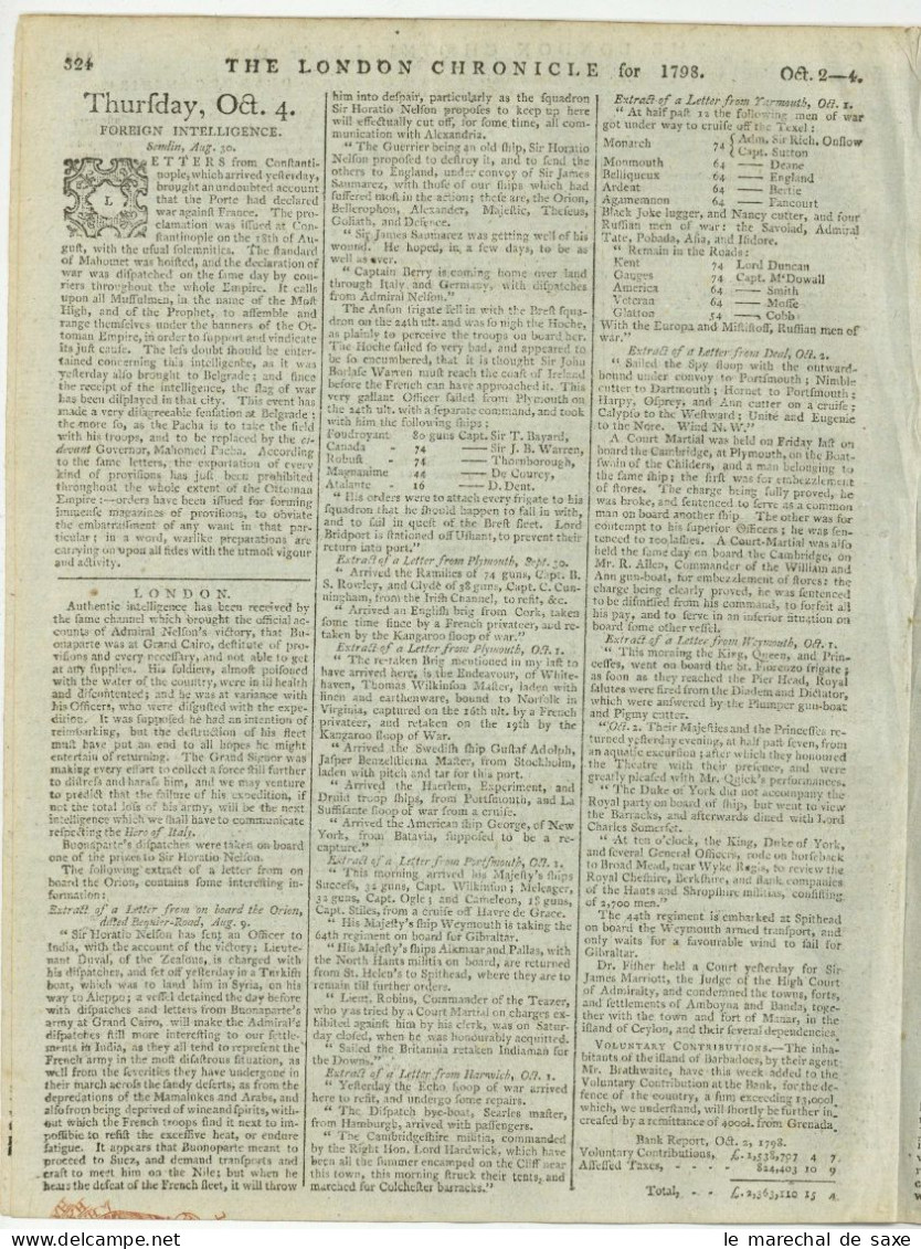 London Chronicle 1798 Battle Of The Nile Nelson Abukir & Battle Of Killala Irish Rebellion United Irishmen 8 Pp - Histoire