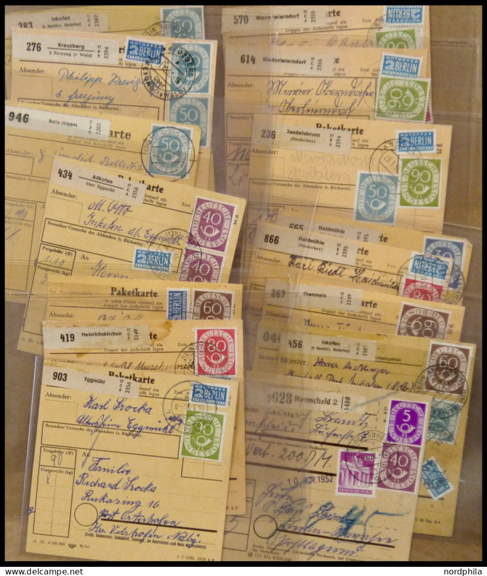 LOTS 1953/4, Partie Von 27 Paketkarten Mit Verschiedenen Frankaturen, Dabei Auch Bessere Einzel- Mehrfachfrankaturen Und - Autres & Non Classés