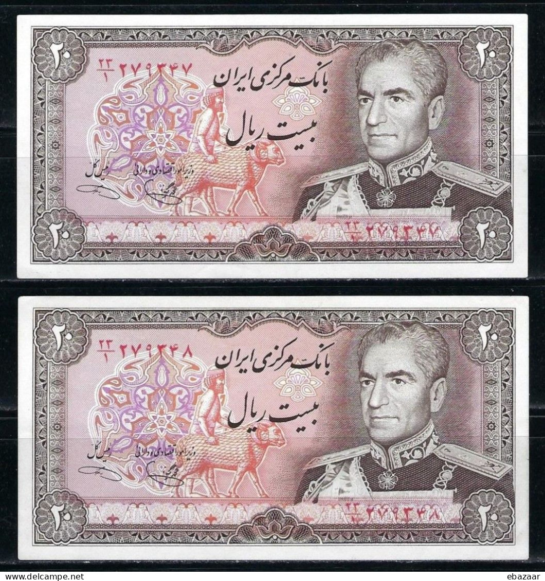 Iran 1977 (Bank Markazi Iran) 2 Banknotes 20 Rials 15th Issue Consecutive Serial Numbers P-100c UNC - Iran