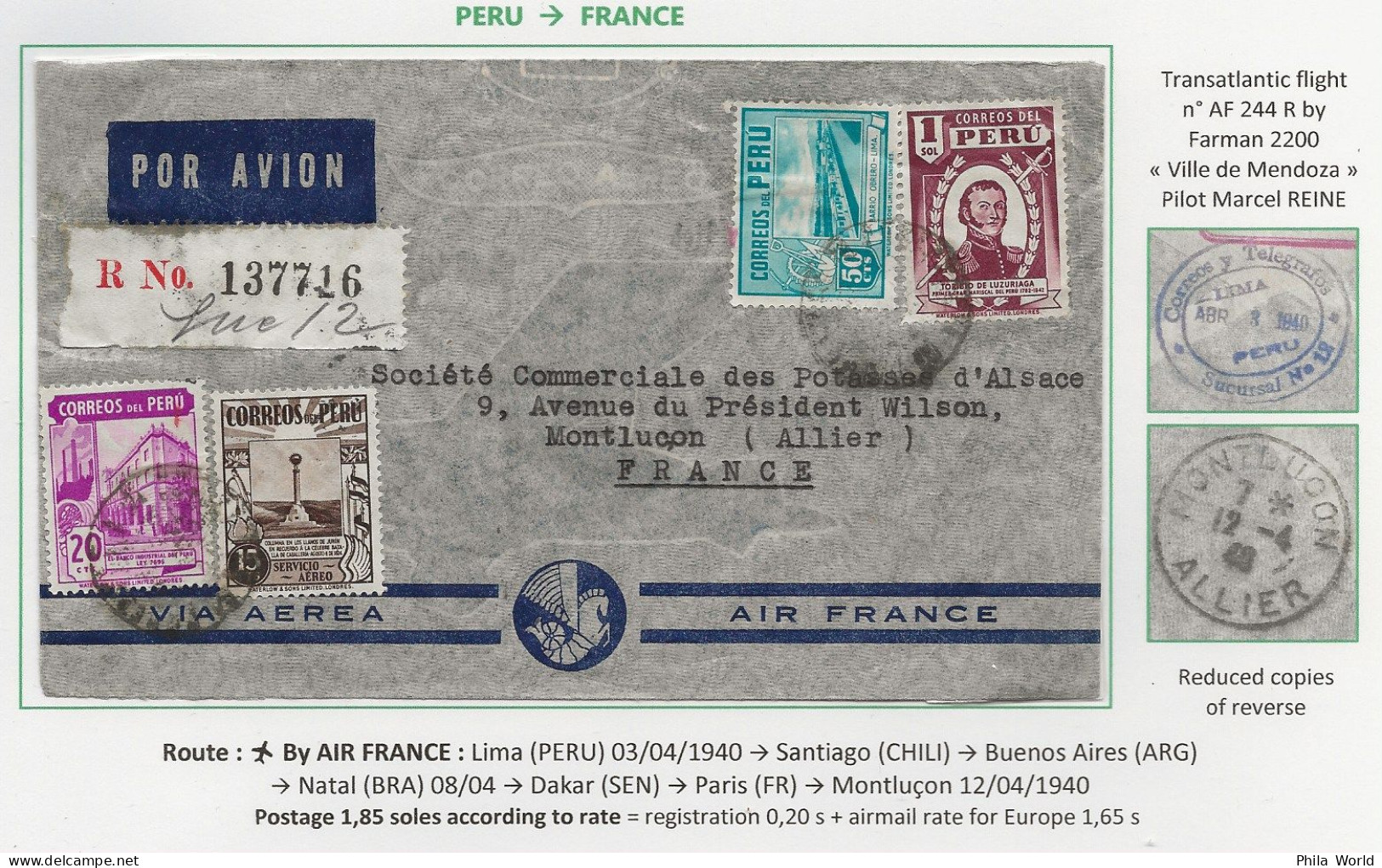 AIR FRANCE 1940 PEROU PERU FRANCE Par Avion REC Traversée AF 244 R Par FARMAN 2200 Ville De Mendoza Pilote Marcel REINE - Vliegtuigen