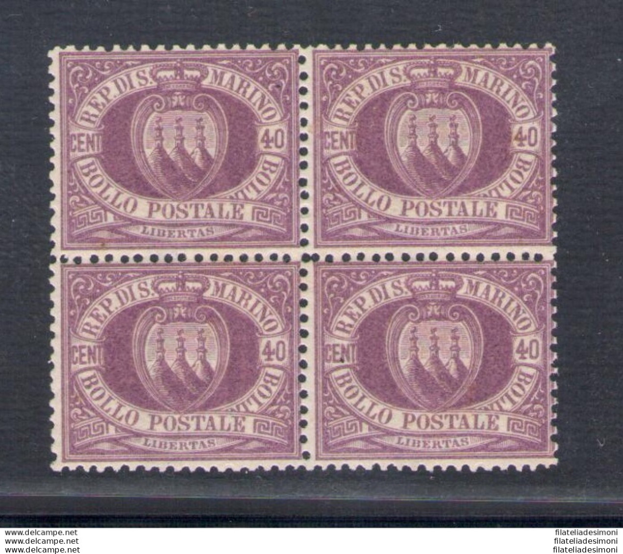 1877 San Marino, Catalogo Sassone N. 7, 40 Lilla Scuro - Blocco Di Quattro - Discreta Centratura - MNH** - Certificato O - Sonstige & Ohne Zuordnung